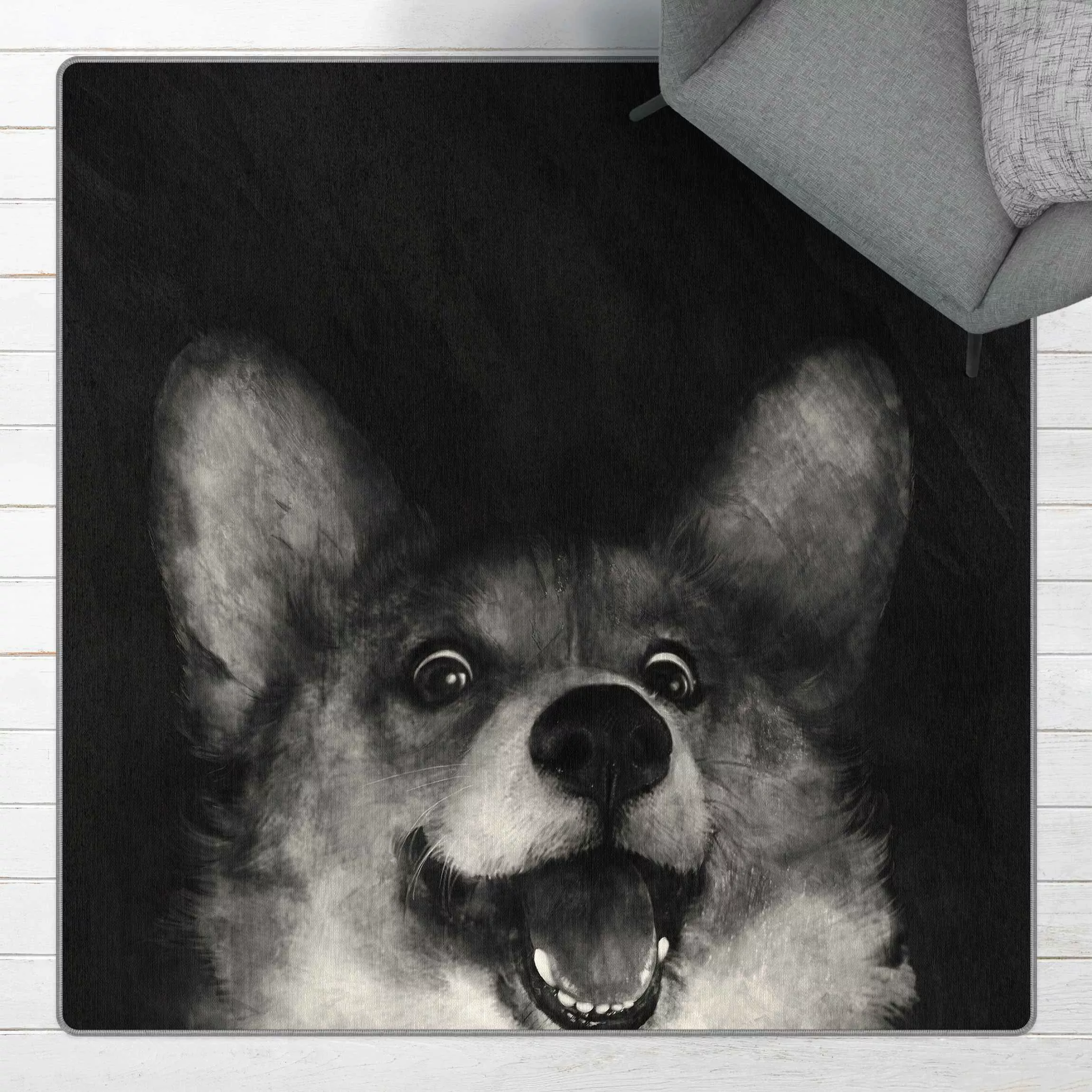 Teppich Illustration Hund Corgi Malerei Schwarz Weiß günstig online kaufen