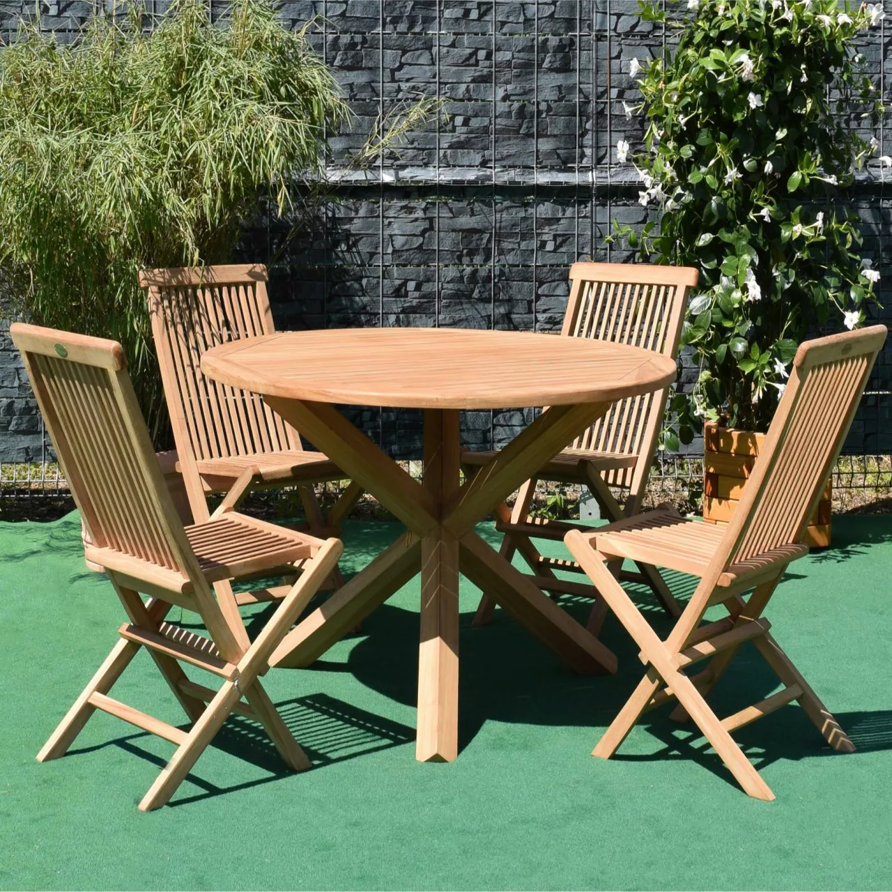 Gartenmöbelset 4 Klappstühle Alessandria + Tisch Ravenna Rund Teakholz günstig online kaufen