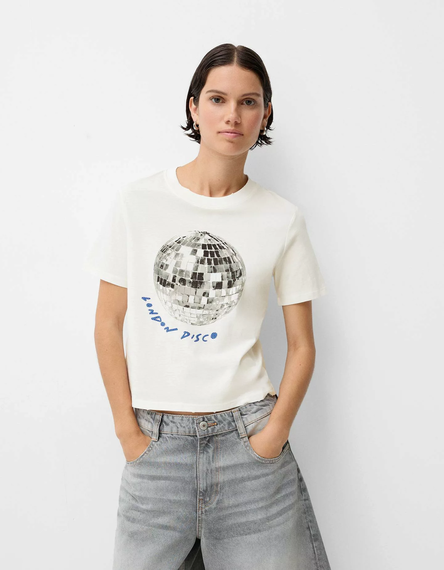 Bershka T-Shirt Mit Print Damen L Grbrochenes Weiss günstig online kaufen