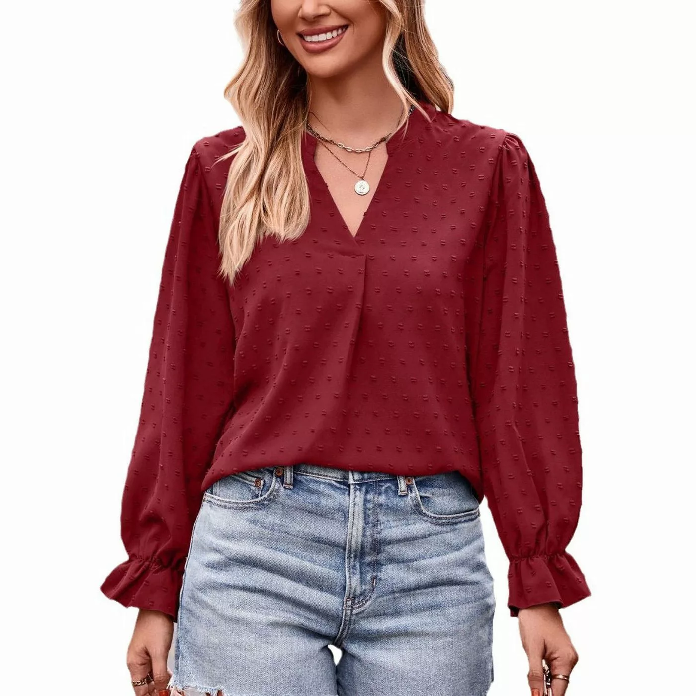 AUKUU Langarmshirt Stylische Blusen für Damen – Elegante Hemden in Jacquard günstig online kaufen