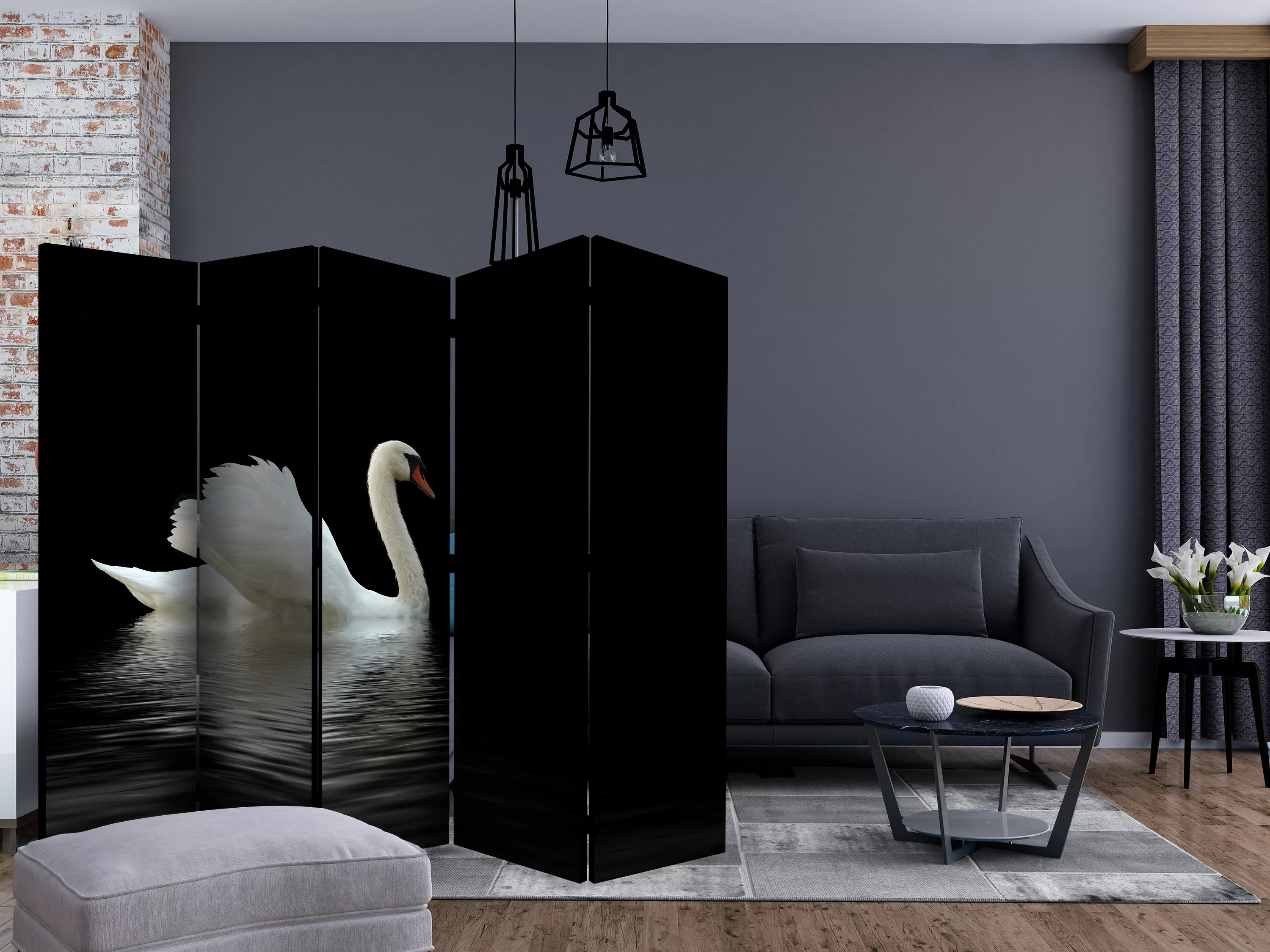 5-teiliges Paravent - Swan (black And White) Ii [room Dividers] günstig online kaufen