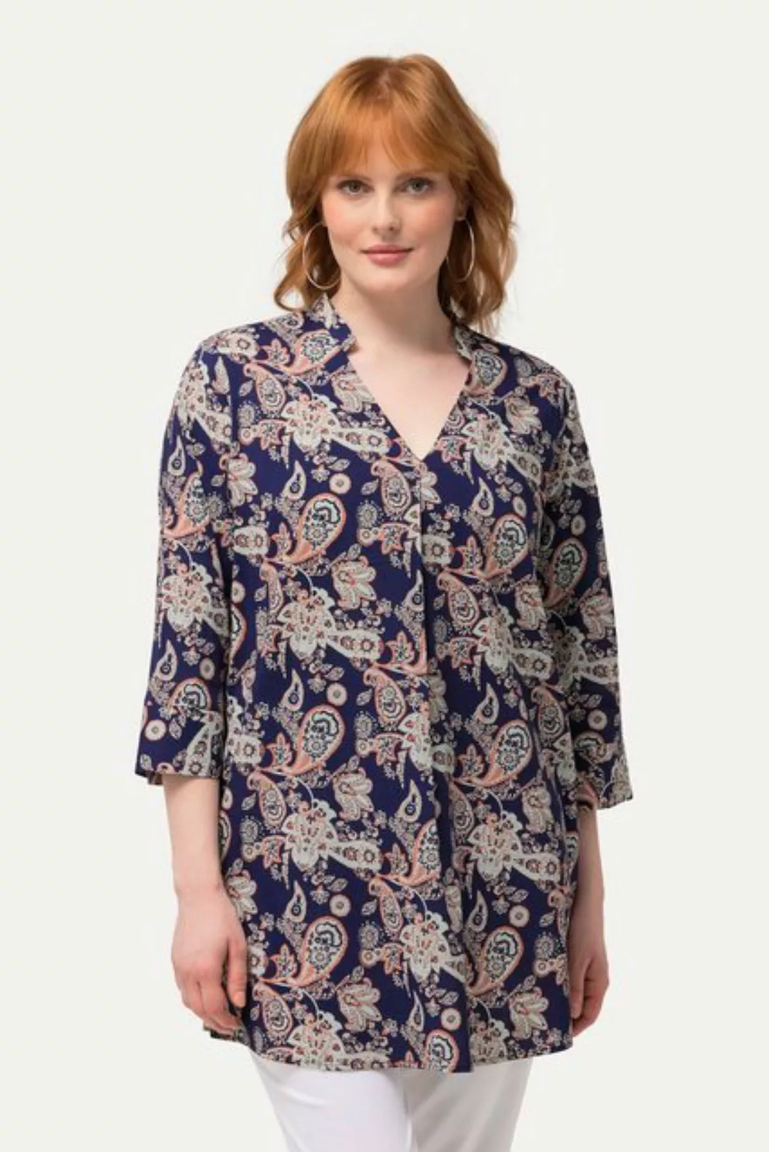 Ulla Popken Longbluse Tunika Paisleymuster V-Ausschnitt Stehkragen günstig online kaufen