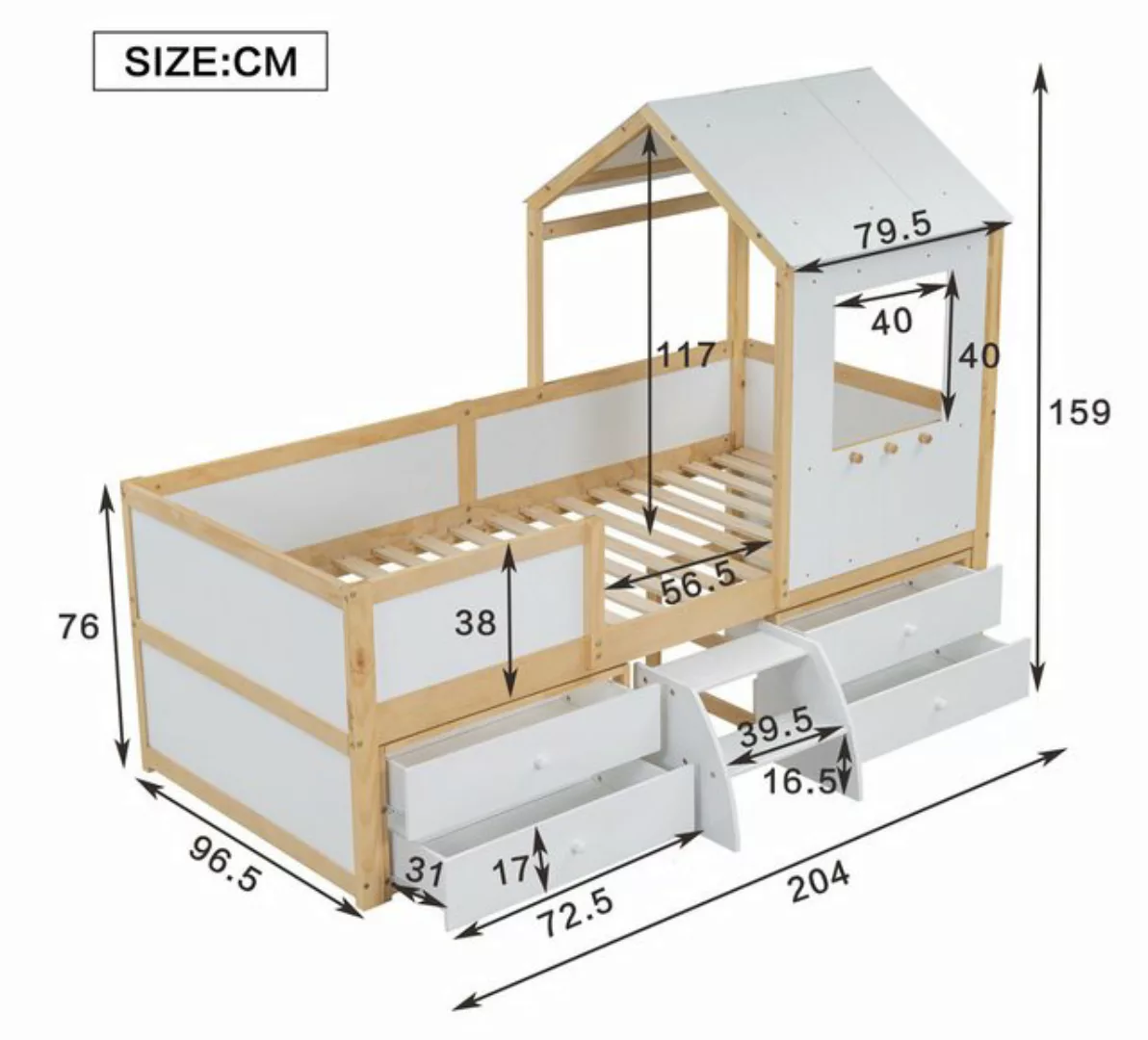 HAUSS SPLOE Kinderbett 90x200cm Hausbett mit Dach und Fenster, Zaun, 4 Schu günstig online kaufen