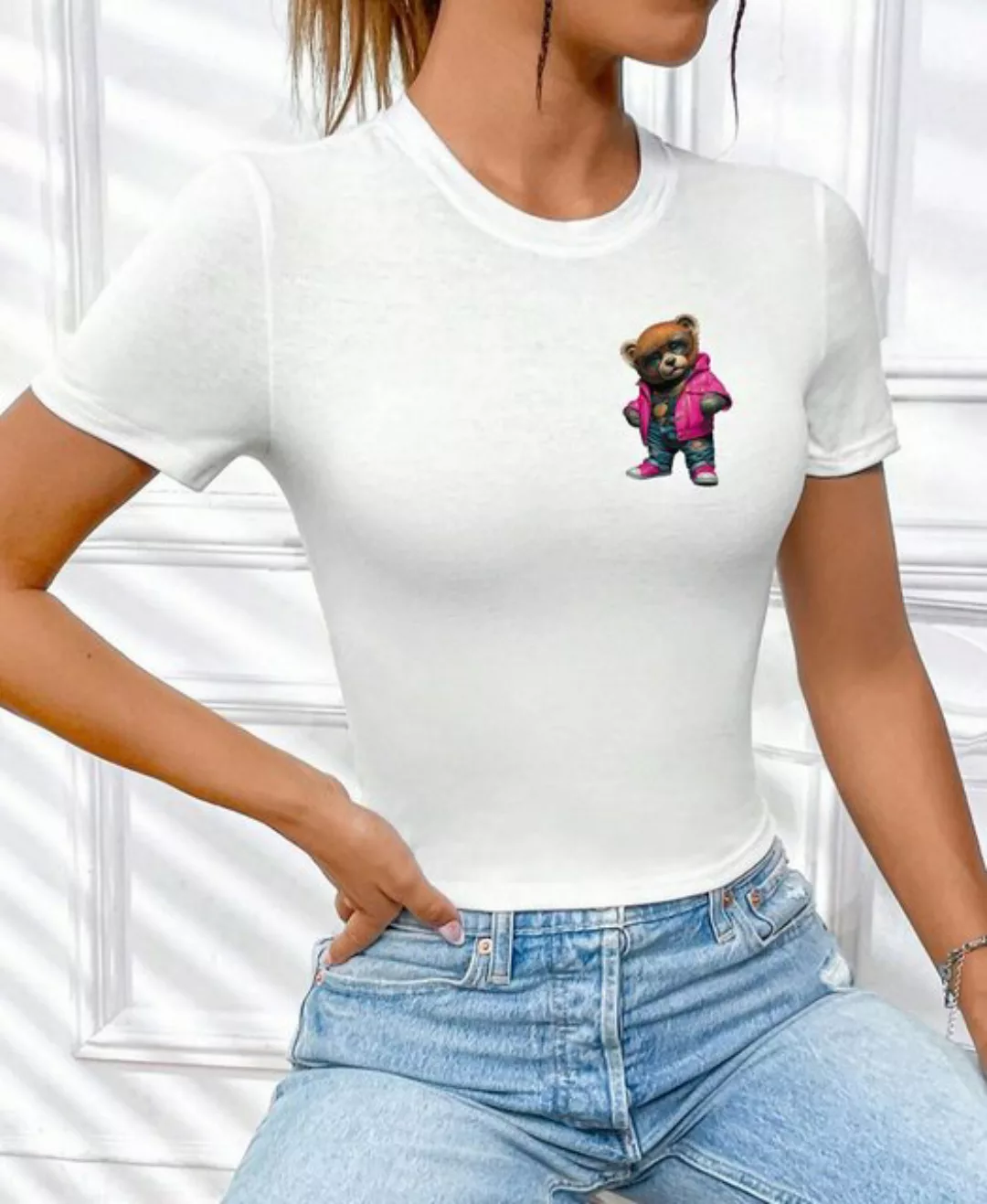 RMK T-Shirt Damen Shirt kurzarm Rundhalsshirt coolen "Lederjacke Teddy Bär günstig online kaufen