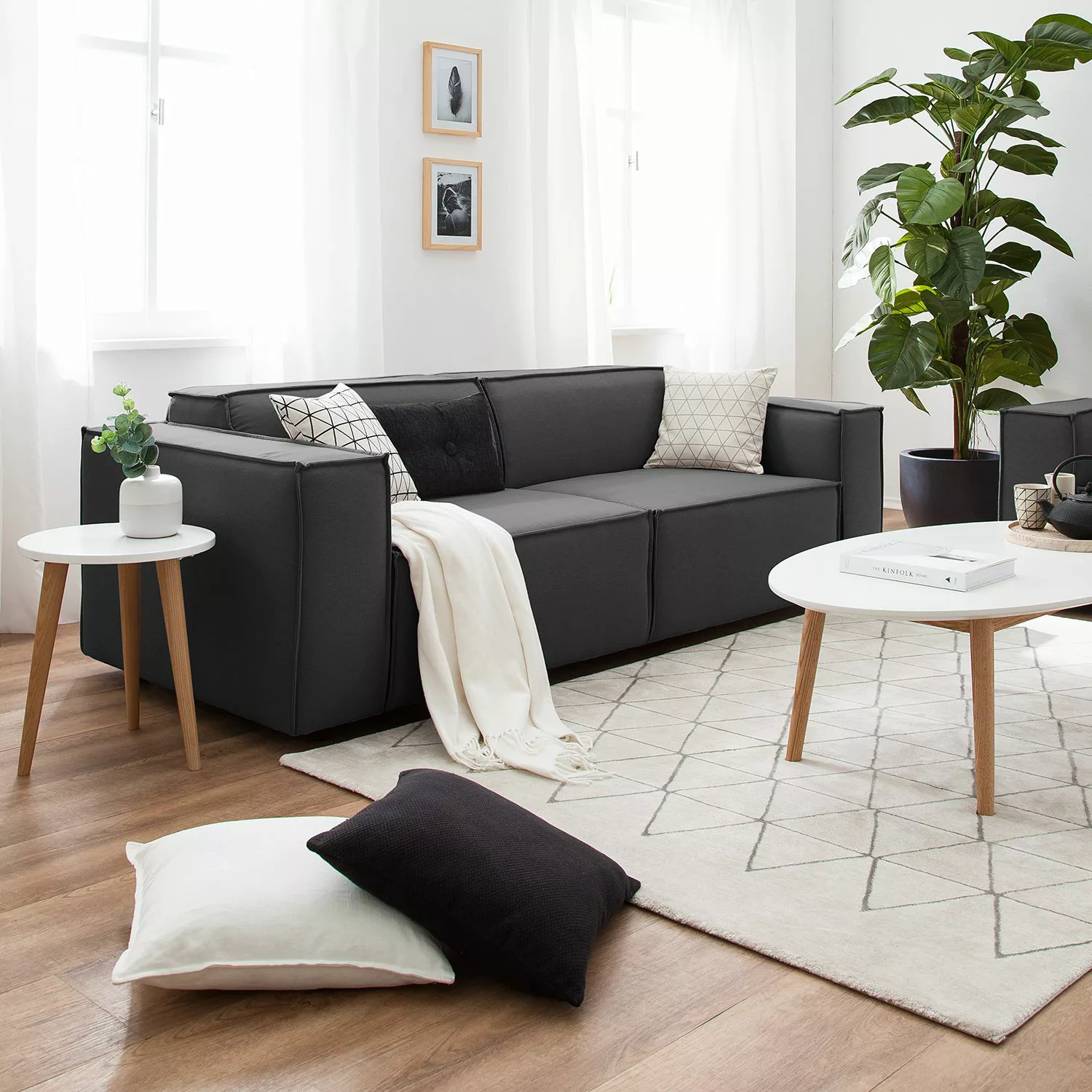 home24 Sofa Kinx 2,5-Sitzer Anthrazit Strukturstoff 223x72x96 cm (BxHxT) Mo günstig online kaufen