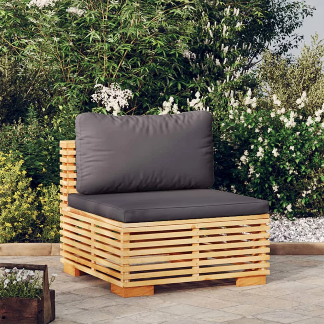 vidaXL Loungesofa Garten-Mittelsofa mit Dunkelgrauen Kissen Massivholz Teak günstig online kaufen