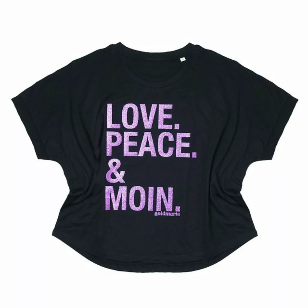 goldmarie T-Shirt LOVE PEACE MOIN Shirt Uschi schwarz mit lila Glitzer Baum günstig online kaufen