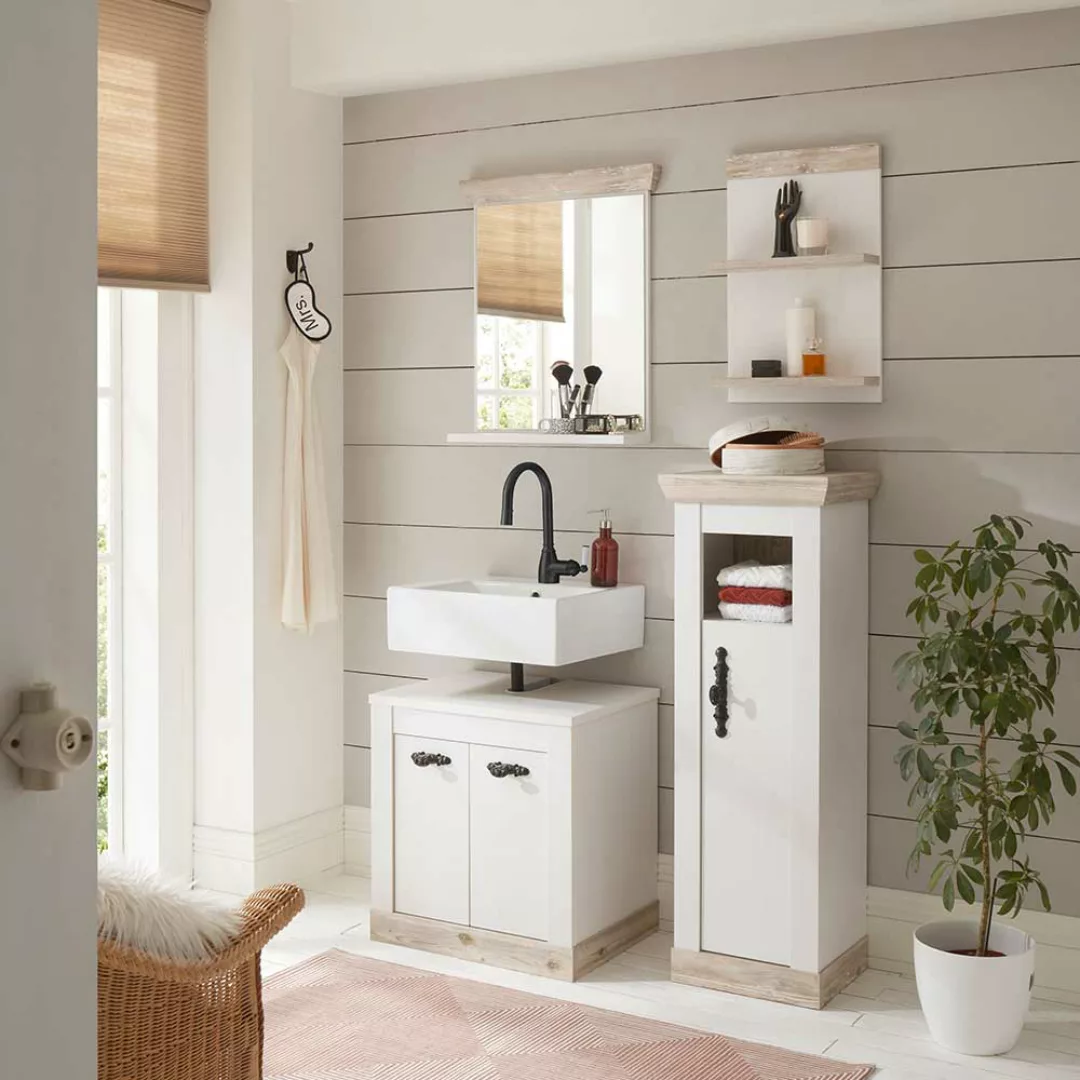 Badezimmermöbel in Weiß und Pinienfarben Landhausstil (vierteilig) günstig online kaufen