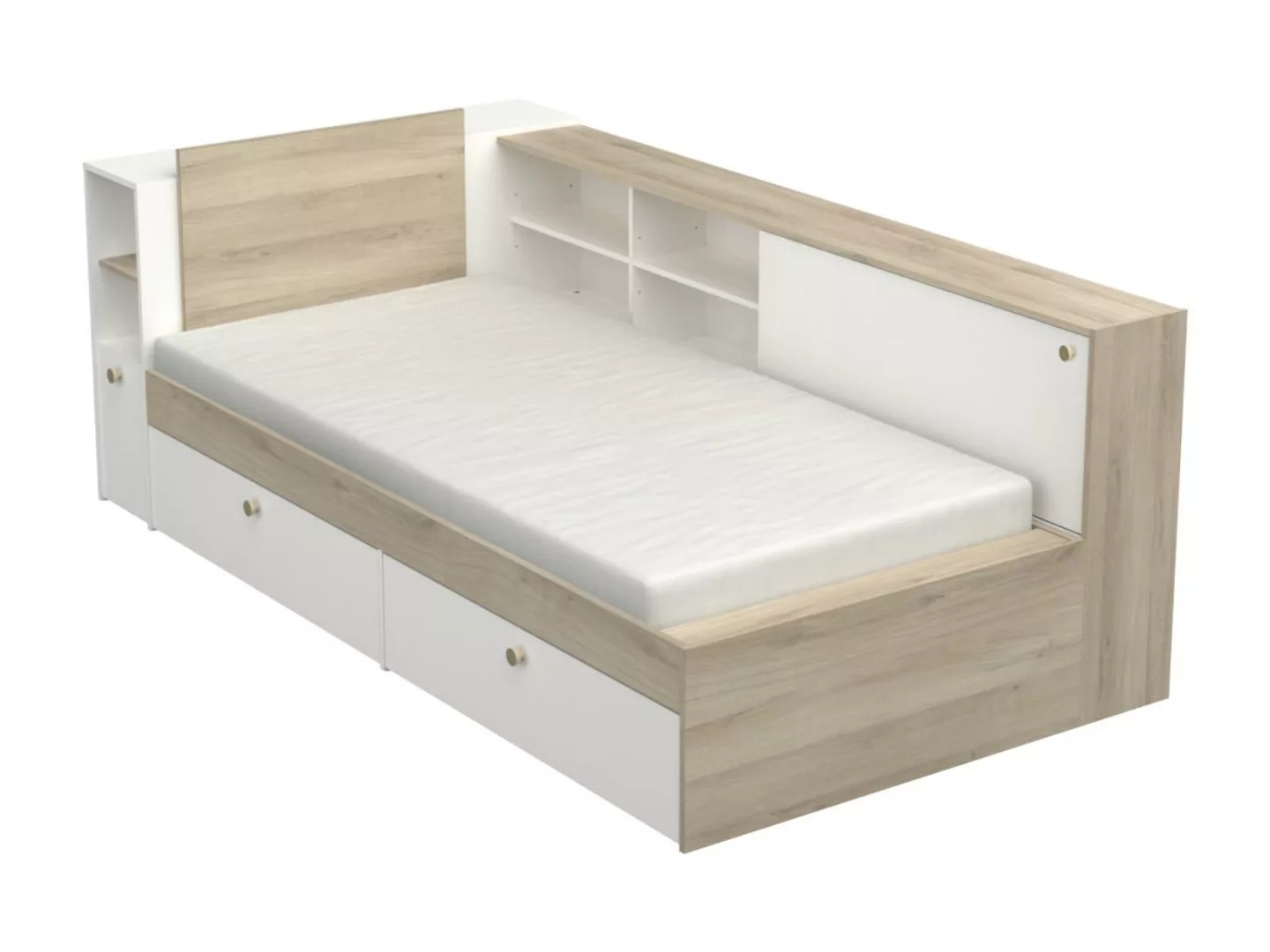 Kombi-Bett mit Stauraum - 90 x 190/200 cm - Weiß & Holzfarben - LIARA günstig online kaufen