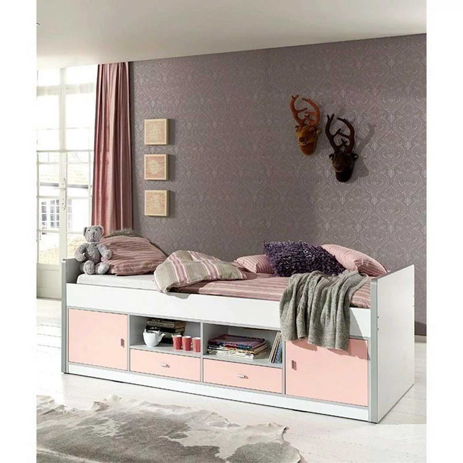 Lomadox Kinderbett, 90x200cm, mit viel Stauraum, weiß/rosa günstig online kaufen