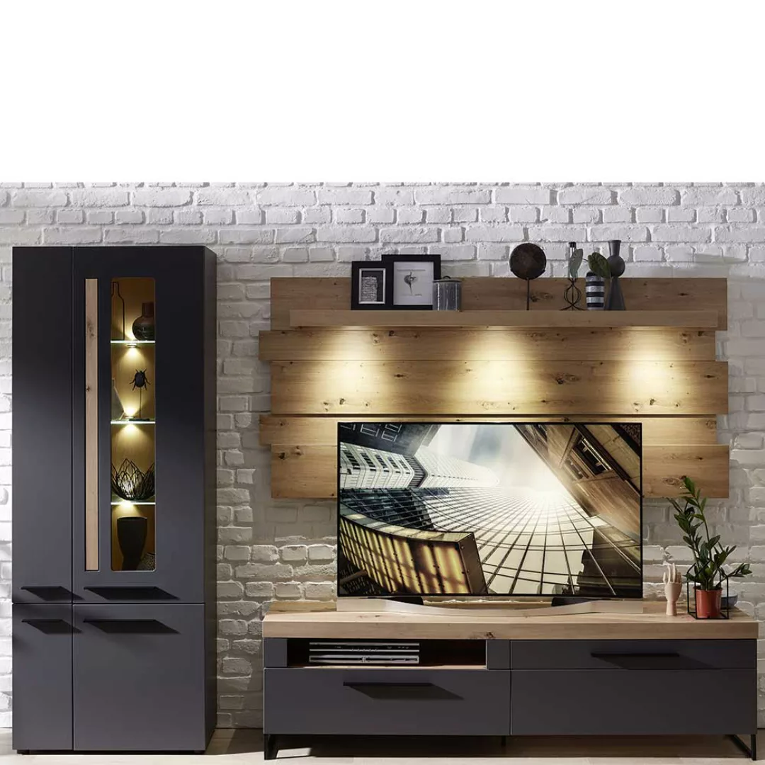 Fernseher Schrankwand in Dunkelgrau und Wildeiche Optik LED Beleuchtung (dr günstig online kaufen