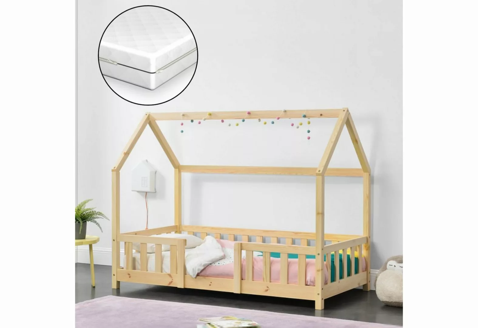 en.casa Kinderbett, »Sisimiut« Hausbett mit Matratze 80 x 160 cm Naturholz günstig online kaufen