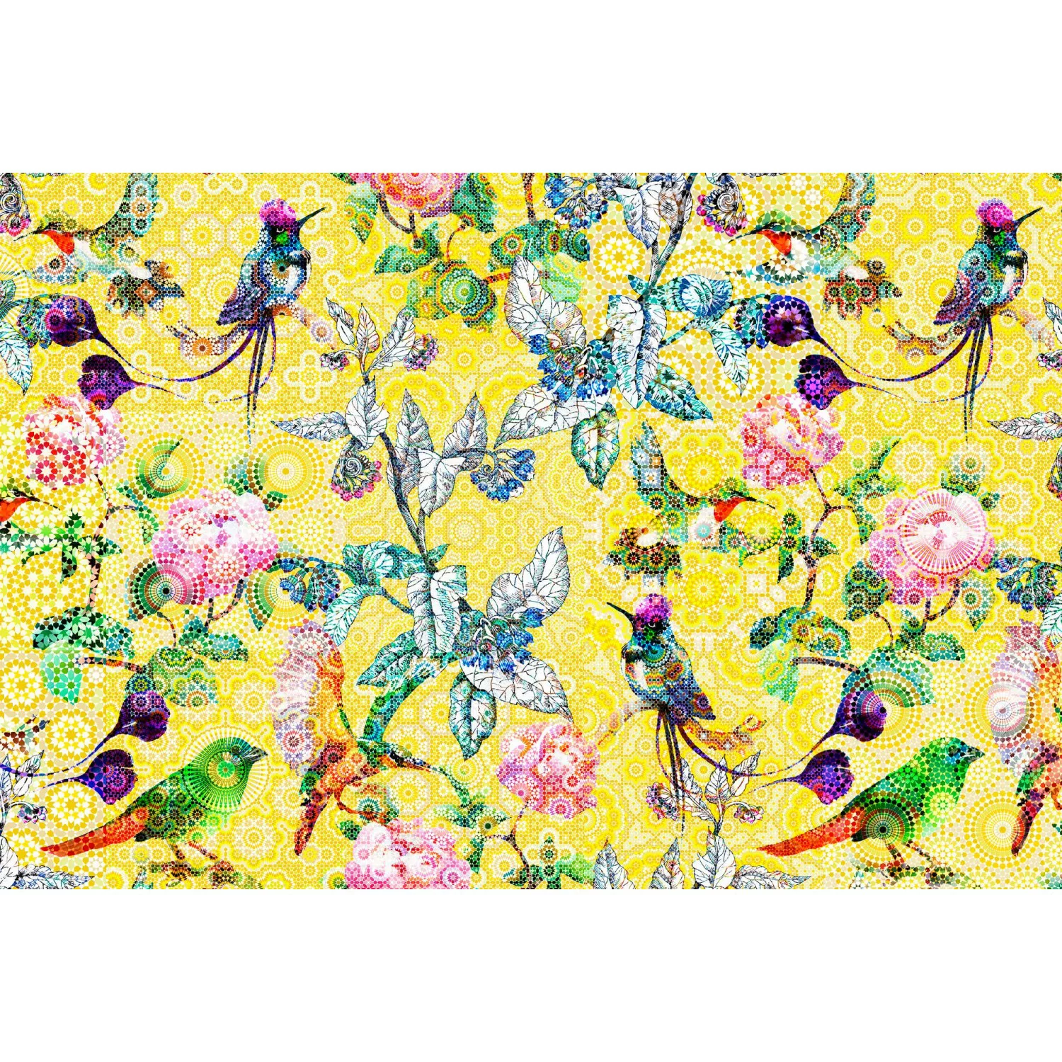 Fototapete Blumen Vögel Mosaik Grafik Bunt Gelb Blau 4,00 m x 2,70 m FSC® günstig online kaufen
