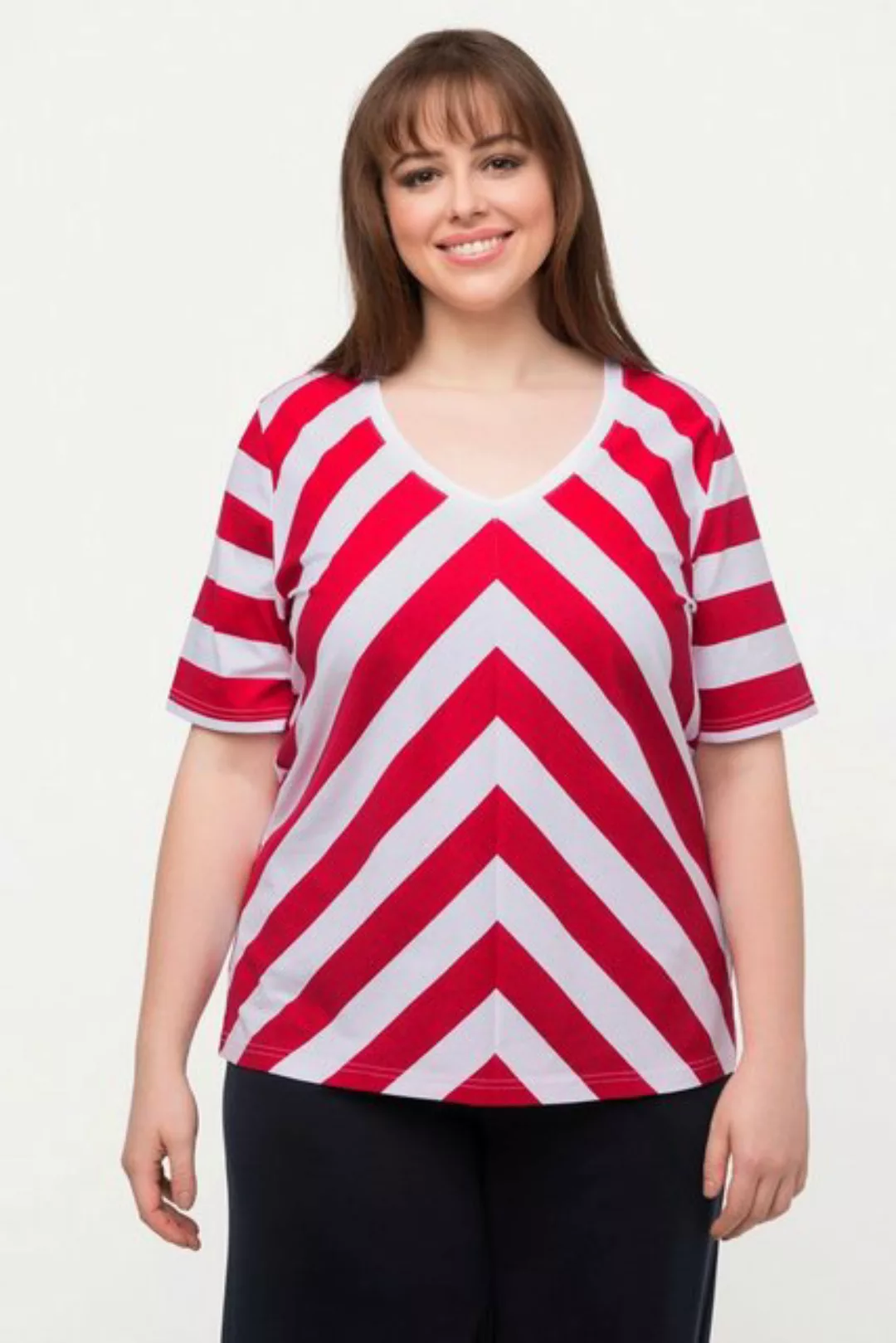 Ulla Popken Rundhalsshirt T-Shirt diagonale Streifen V-Ausschnitt Halbarm günstig online kaufen