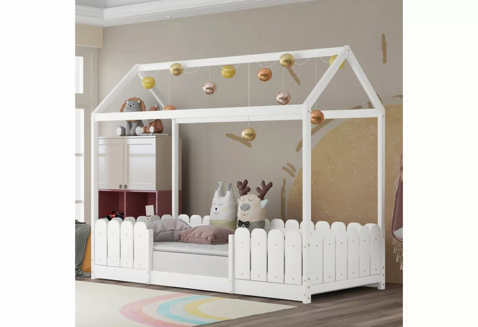 OKWISH Kinderbett Hausbett Kiefernholz (Mit Rausfallschutz und Lattenrost), günstig online kaufen