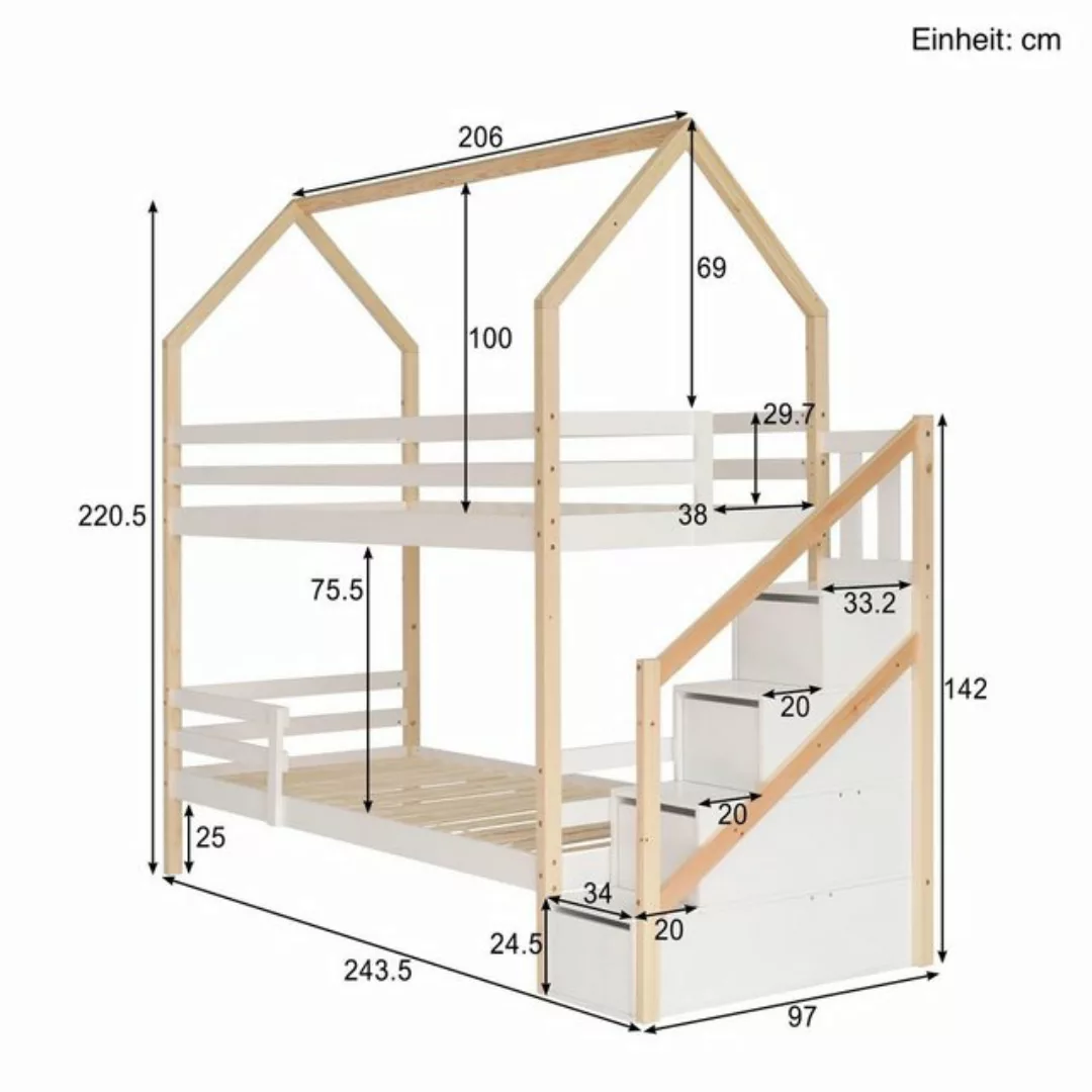 SOFTWEARY Etagenbett mit 2 Schlafgelegenheiten, Rollrost und Treppe (90x200 günstig online kaufen