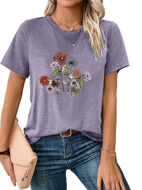 PYL Kurzarmshirt Damen Sommer Kurzarmbluse Locker Blumen Print-Shirt günstig online kaufen