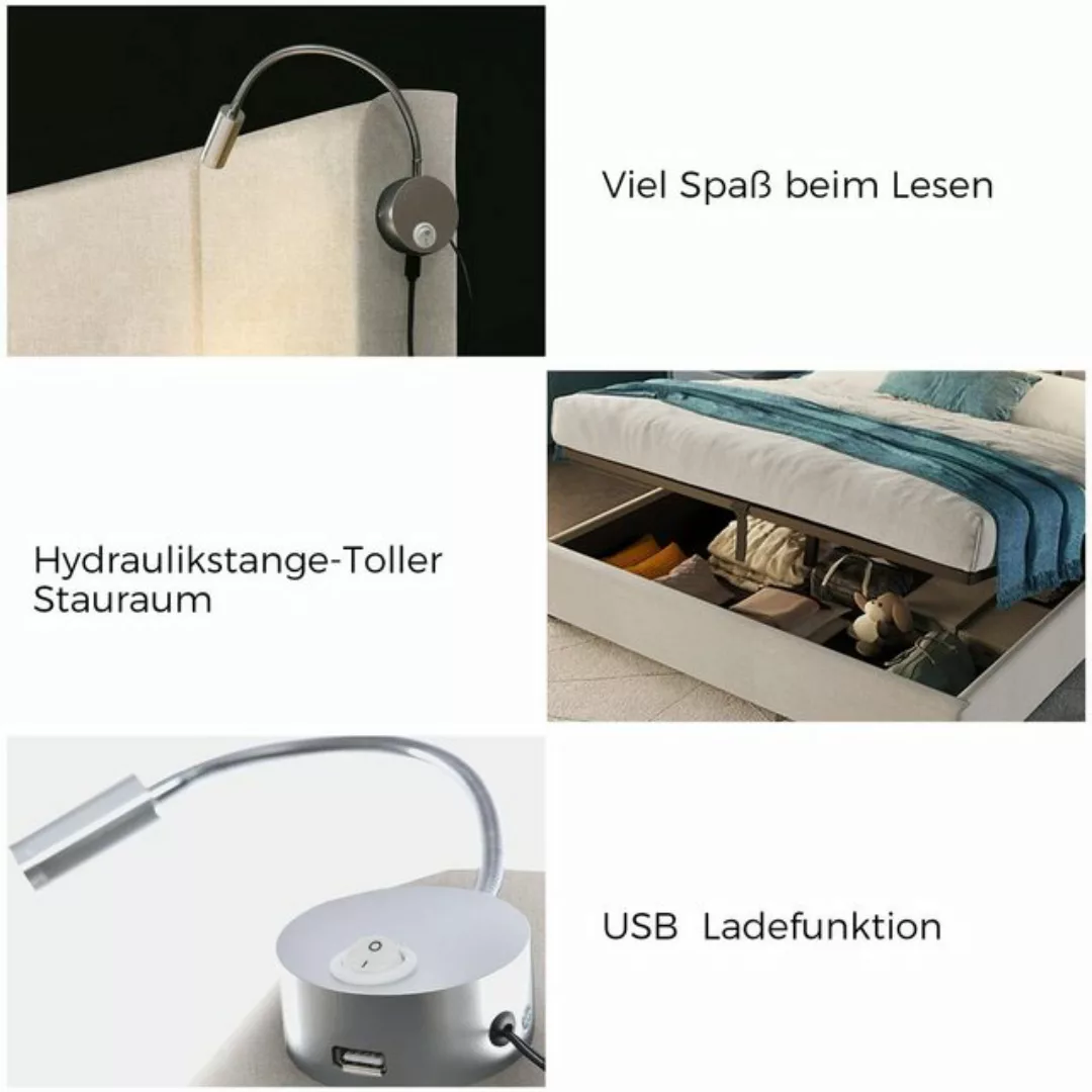 Sweiko Polsterbett (Doppelbett mit Leselicht und USB-Ladefunktion, Stauraum günstig online kaufen