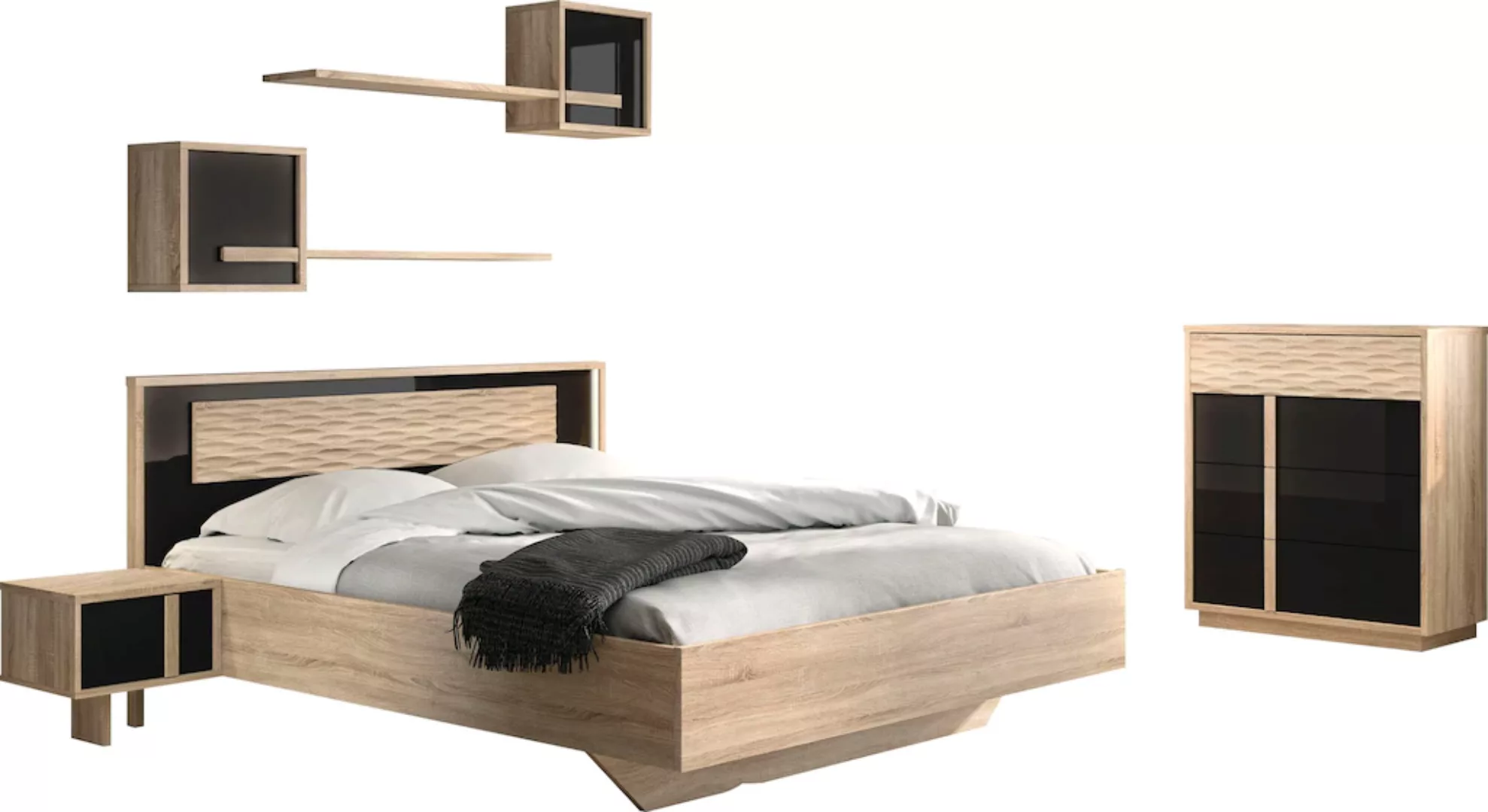 Gami Schlafzimmer-Set "Curtys", (6 St., 1x Bett, 2x hängende Nachttische, 1 günstig online kaufen