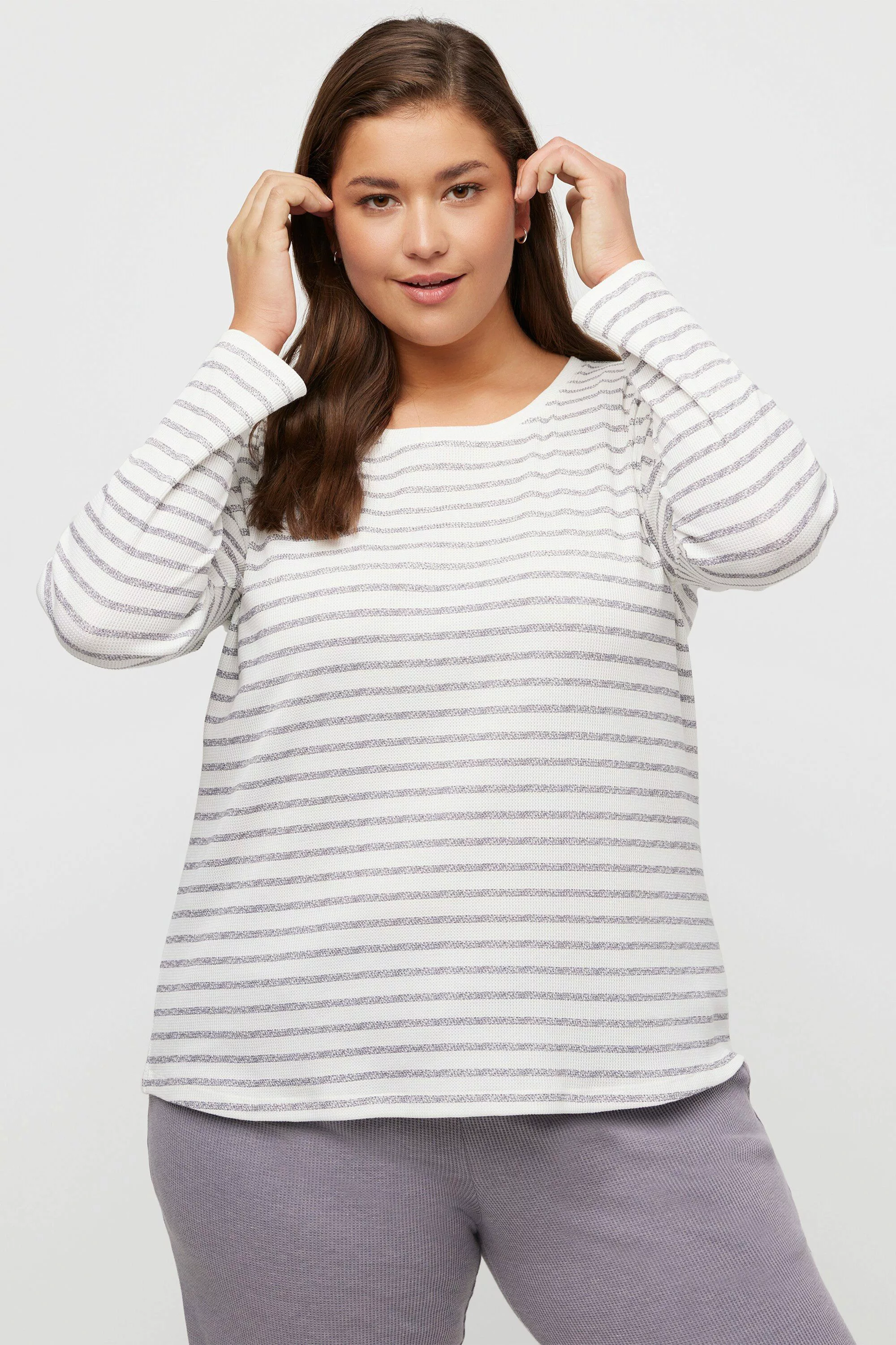 Ulla Popken Sweatjacke Loungewear-Shirt Piqué Ringel günstig online kaufen