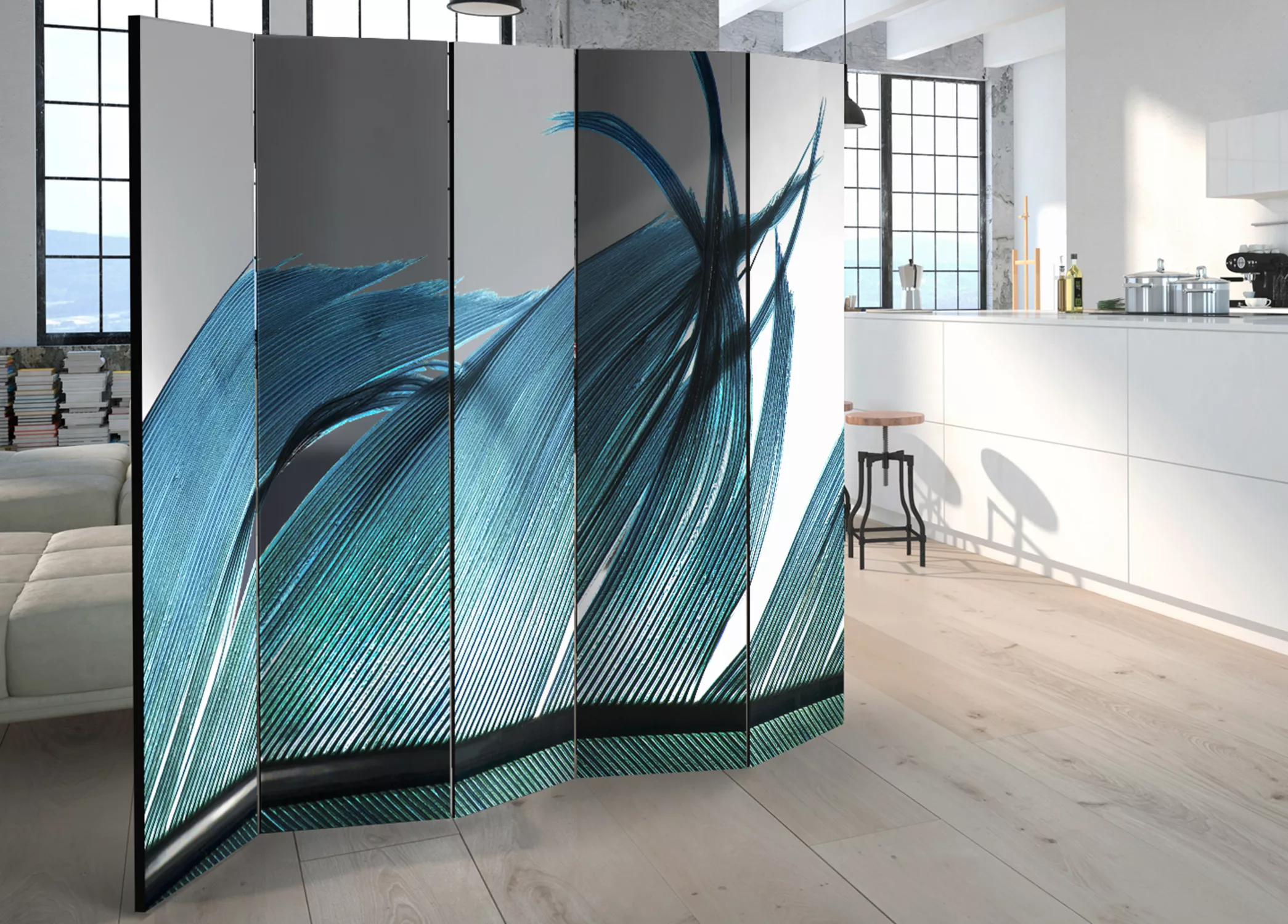 5-teiliges Paravent - Turquoise Feather Ii [room Dividers] günstig online kaufen