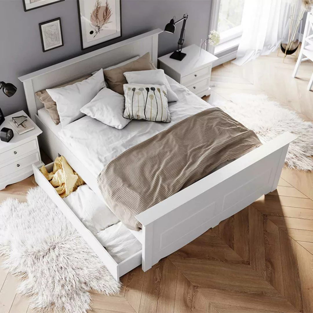Landhaus Stil Doppelbett weiß aus Kiefer Massivholz 48 cm Einstiegshöhe günstig online kaufen