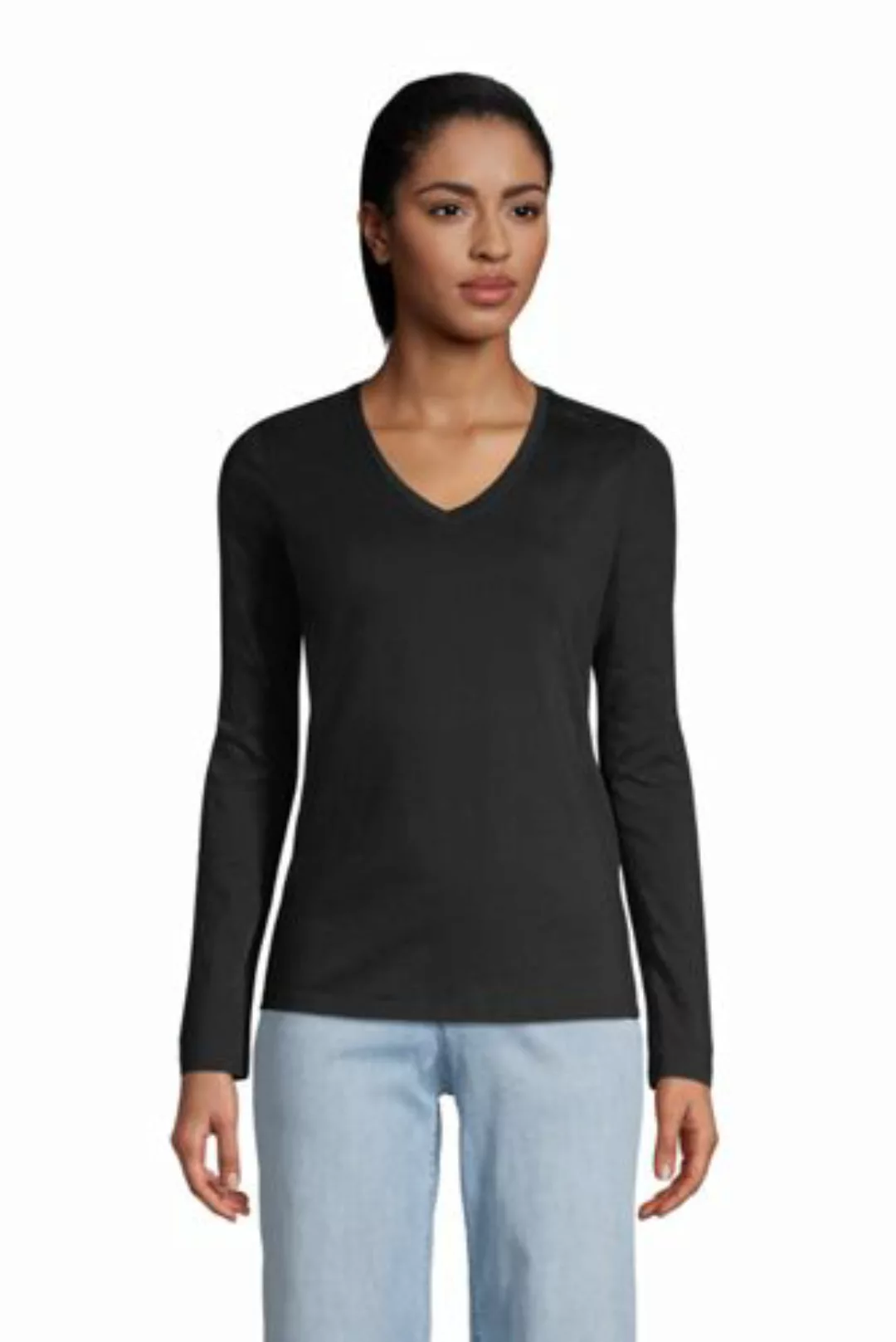 Supima Langarm-Shirt mit V-Ausschnitt, Damen, Größe: S Normal, Schwarz, Bau günstig online kaufen