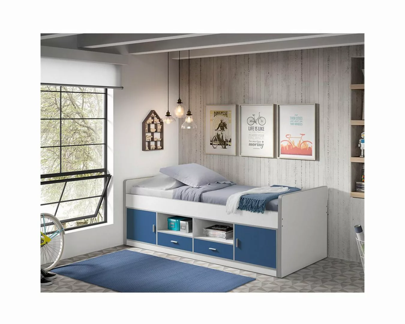 Lomadox Kinderbett, 90x200cm, mit viel Stauraum, weiß/blau günstig online kaufen