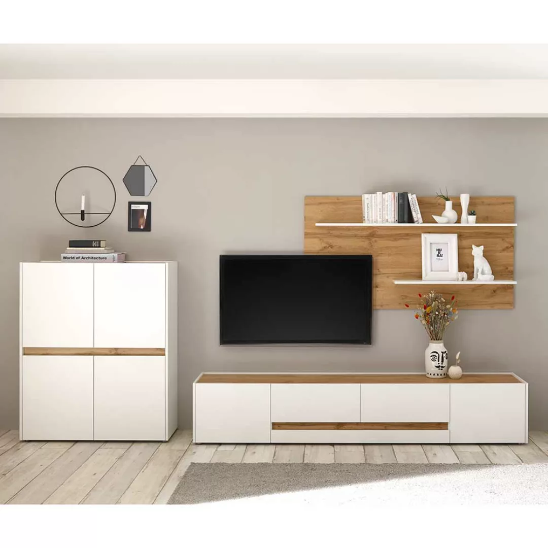 Design Wohnwand in Wildeichefarben und Weiß Regalpaneel (dreiteilig) günstig online kaufen