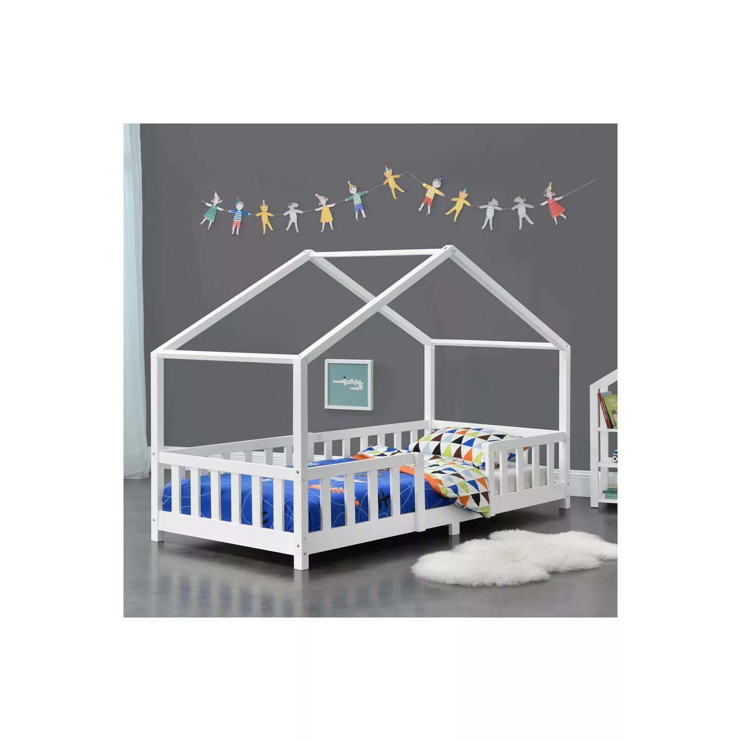 Kinderbett weiß Liegefläche 90x200 cm THULE-100 Hausbett mit Lattenrost und günstig online kaufen