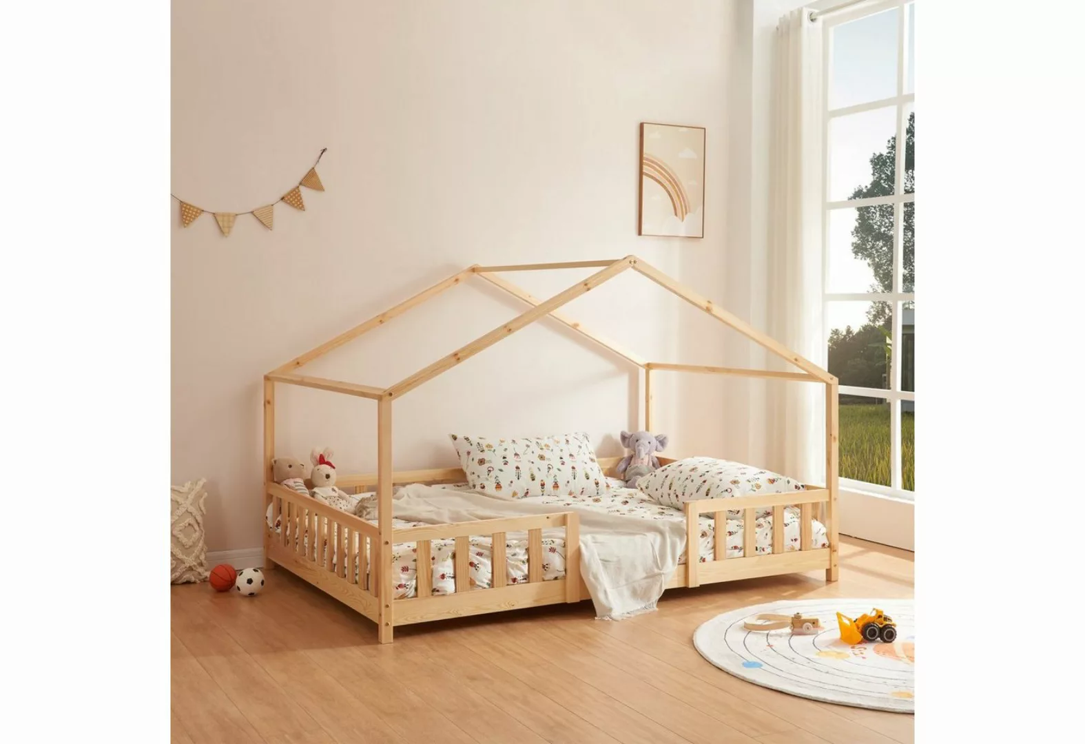 en.casa Kinderbett, »Treviolo« Haus-Optik mit Rausfallschutz 140x200 cm Hol günstig online kaufen