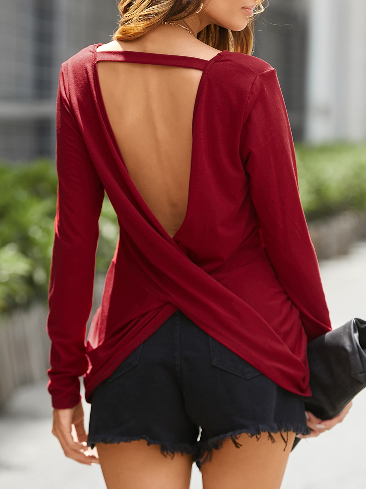 YOINS Backless Design Langarm-T-Shirt mit V-Ausschnitt günstig online kaufen