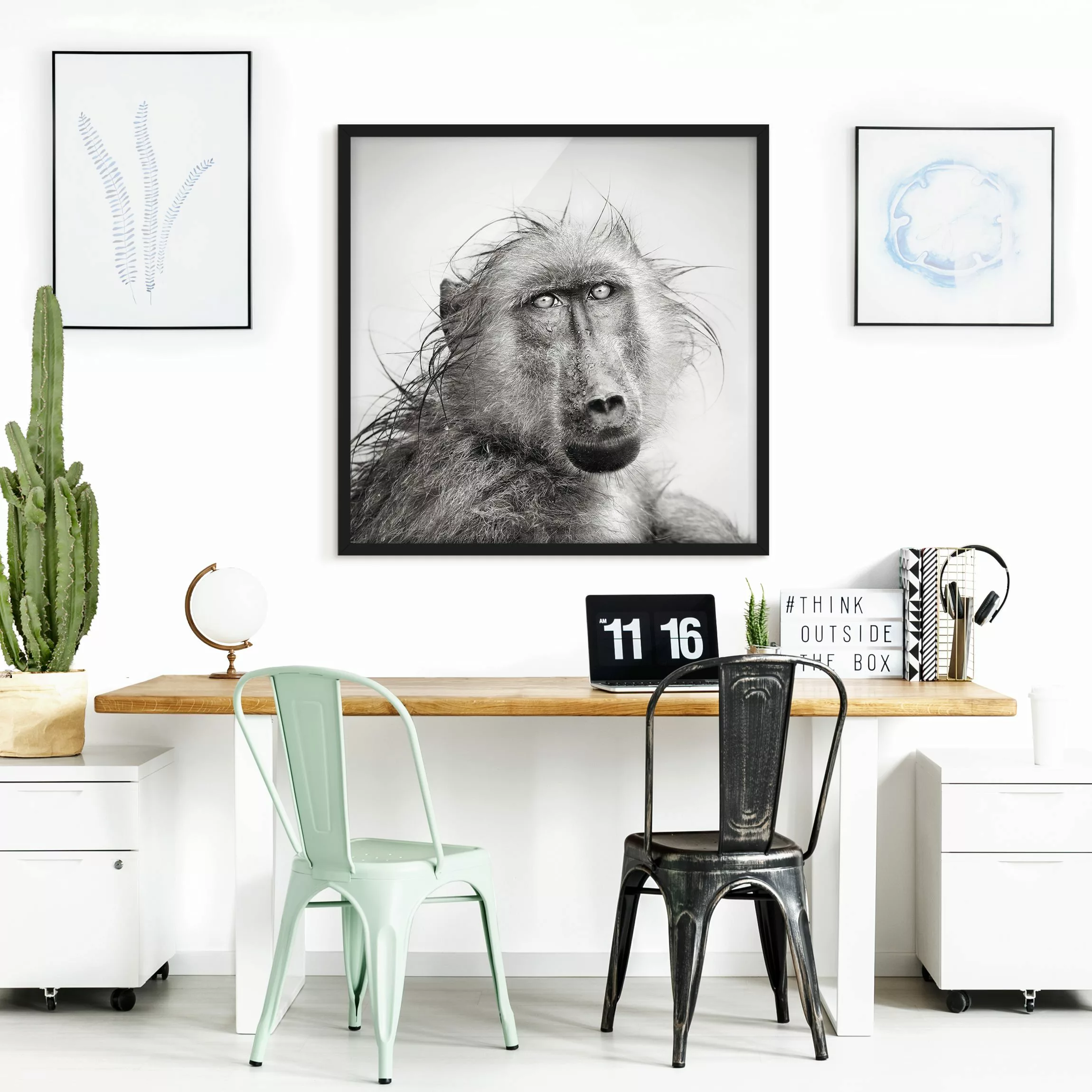 Bild mit Rahmen Schwarz-Weiß - Quadrat Crying Baboon günstig online kaufen