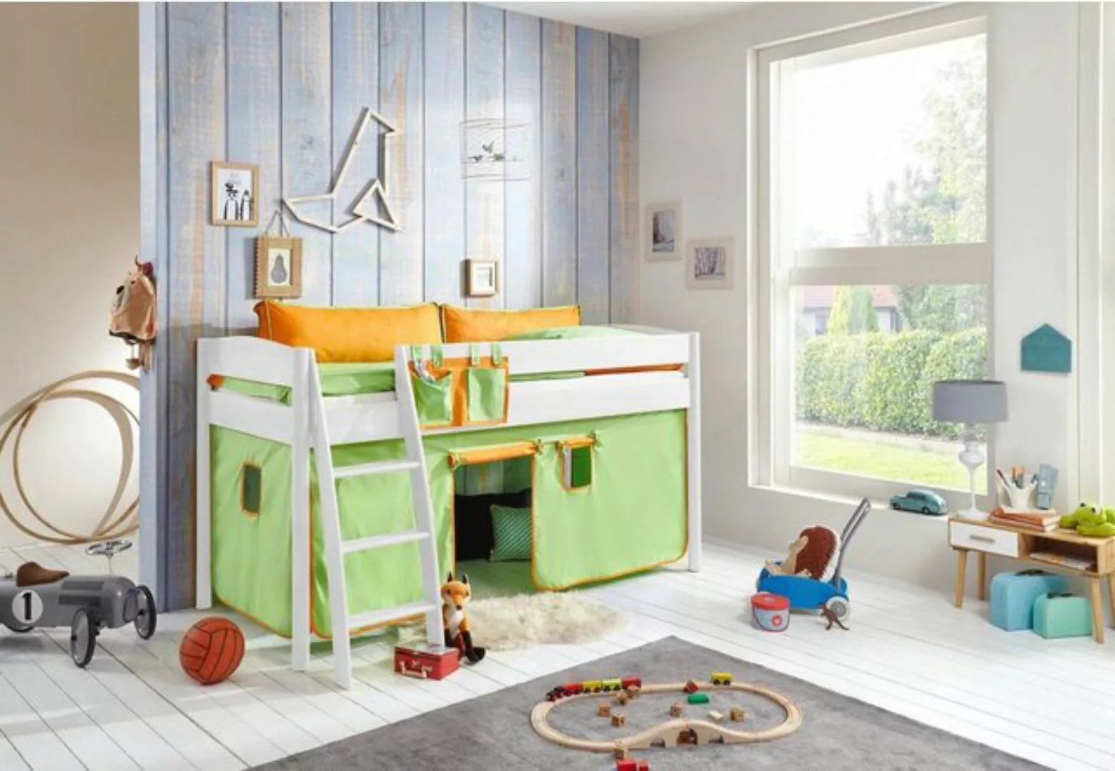 Natur24 Kinderbett Halbhohes Einzelbett Mischelle Buche lackiert 90x200cm günstig online kaufen