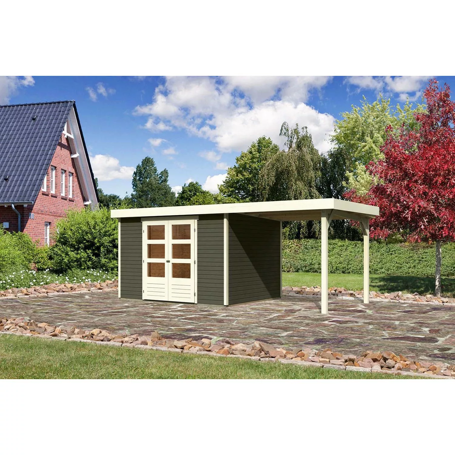 Karibu Holz-Gartenhaus Boras Terragrau Flachdach Lackiert 298 cm x 242 cm günstig online kaufen