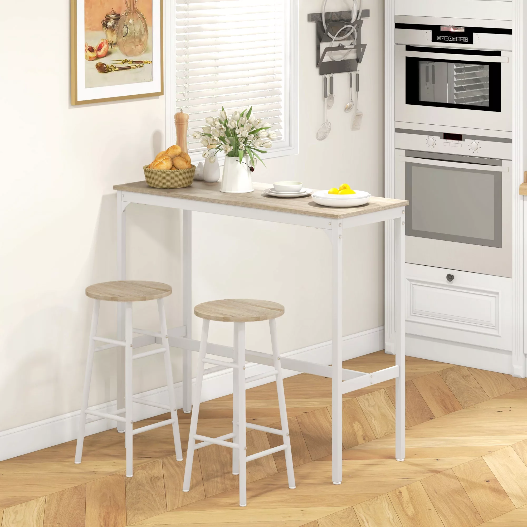 HOMCOM Set Barhochtisch Bistro + 2 Hocker mit Fußstützen Stehtisch Stahlges günstig online kaufen