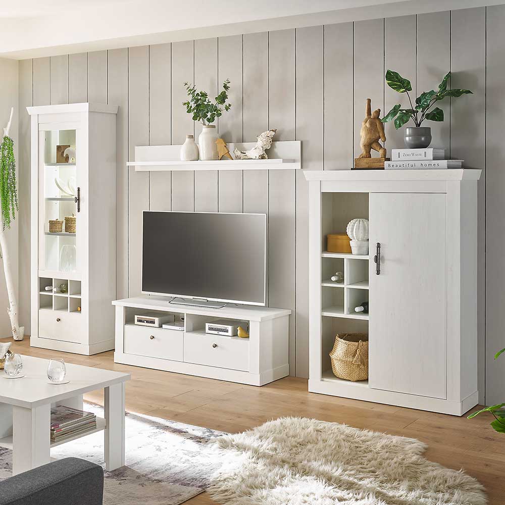 Schrankwand Wohnzimmer TV Wohnwand in Weiß im Skandi Design (vierteilig) günstig online kaufen