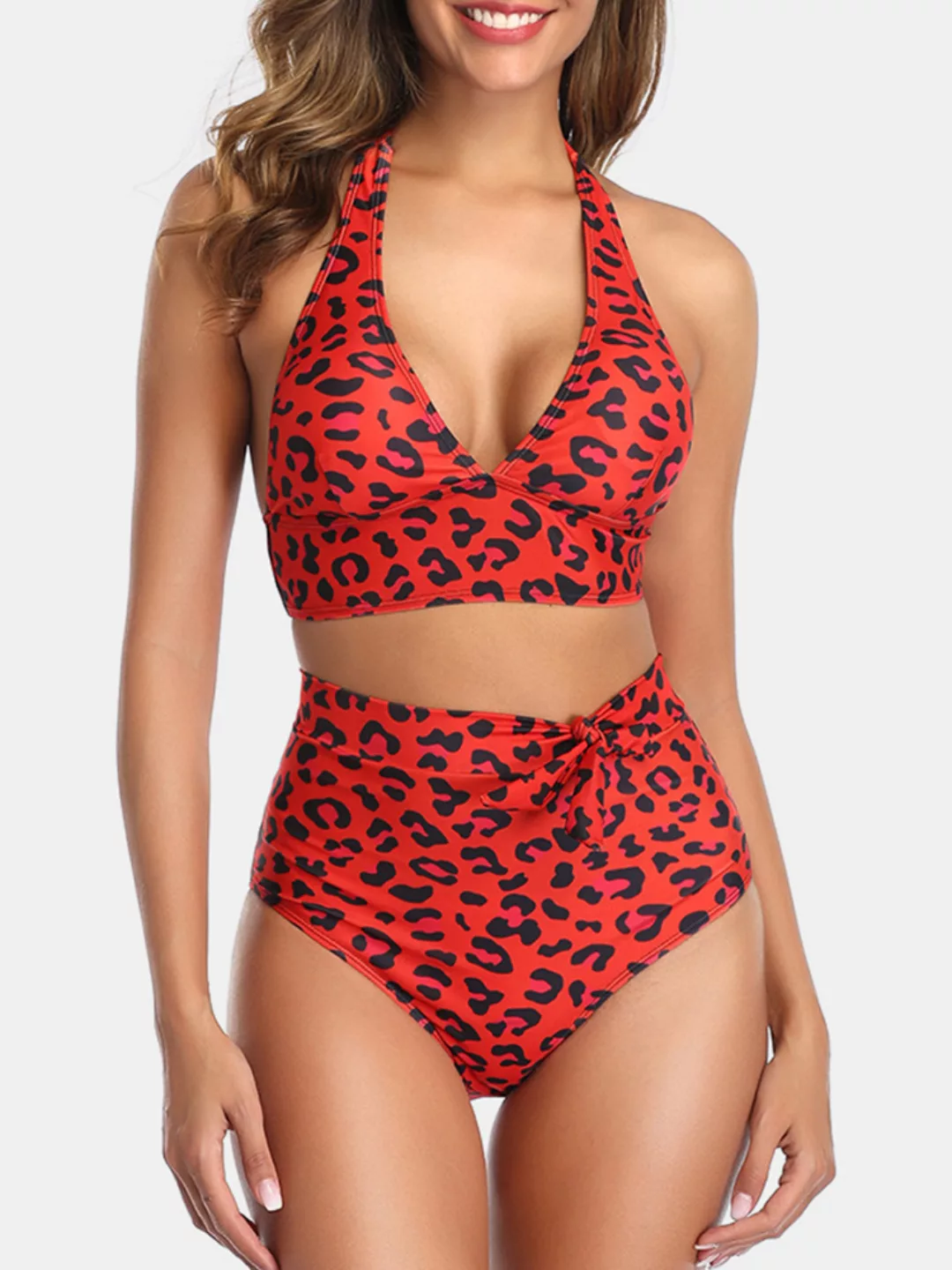 Damen Bikini Leopard Triangle Halfter String mit hoher Taille Sexy Badeanzu günstig online kaufen