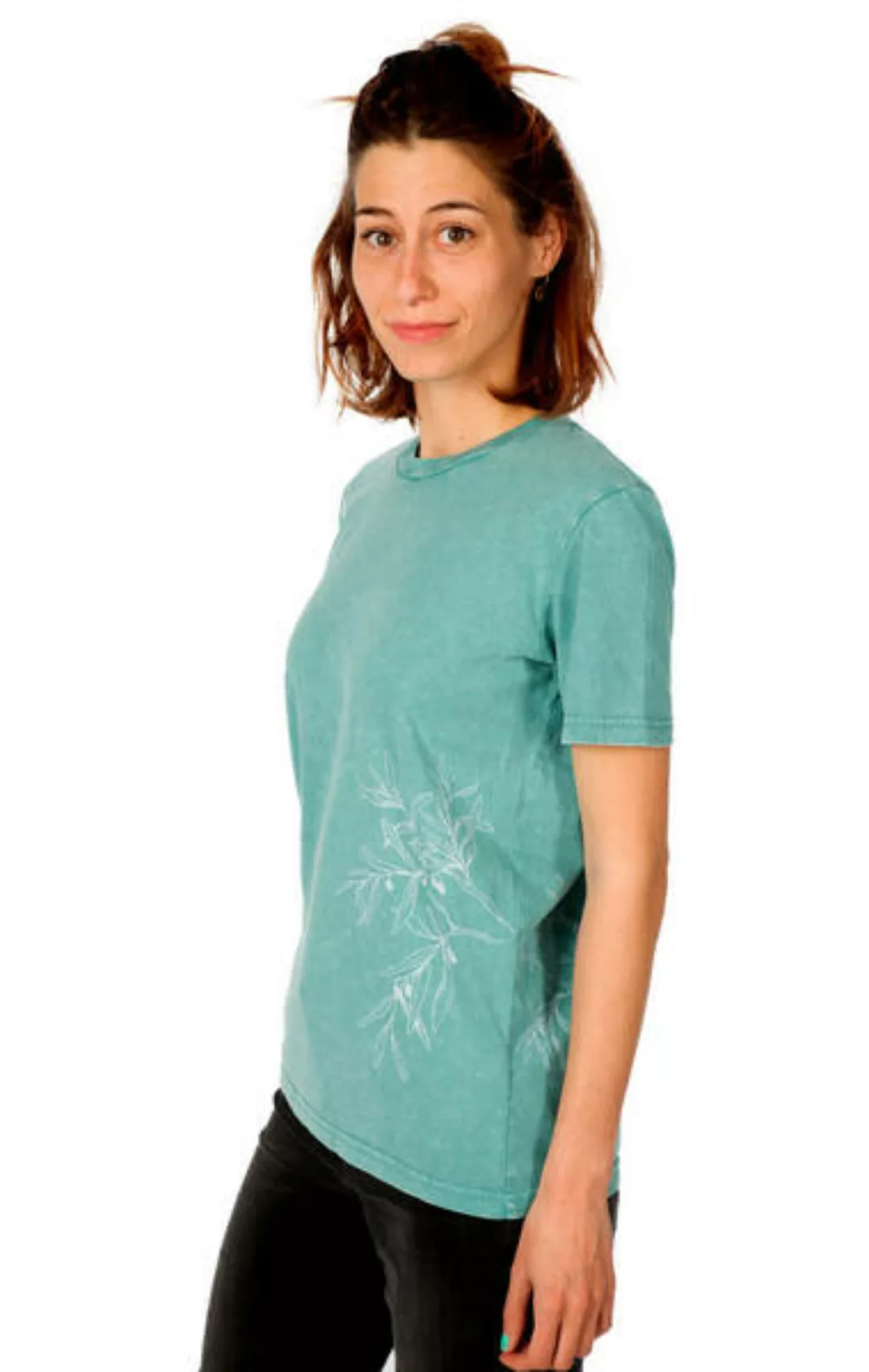 Shirt Aus Biobaumwolle Fairwear "Olive Branch" Women Teal Monstera Blue günstig online kaufen