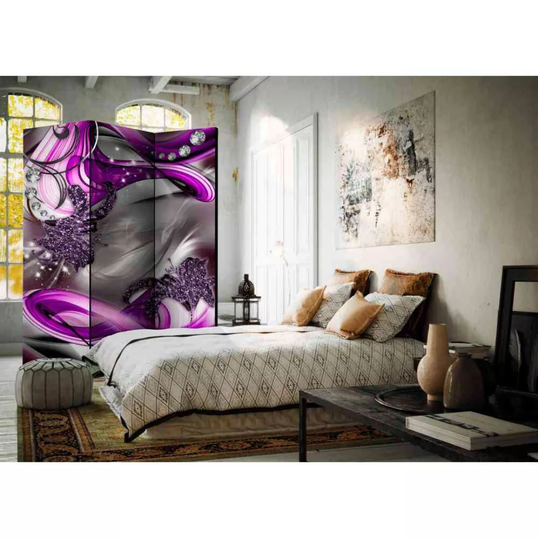 Schlafzimmer Paravent in Grau und Violett Diamanten und Blüten günstig online kaufen