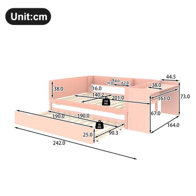 Flieks Kinderbett, Massivholzbett 140x200cm mit Schreibtisch und Ausziehbet günstig online kaufen