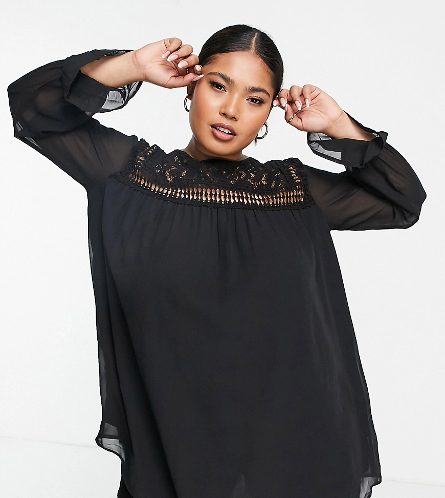 Yours – Bluse in Schwarz mit Spitzendetail günstig online kaufen