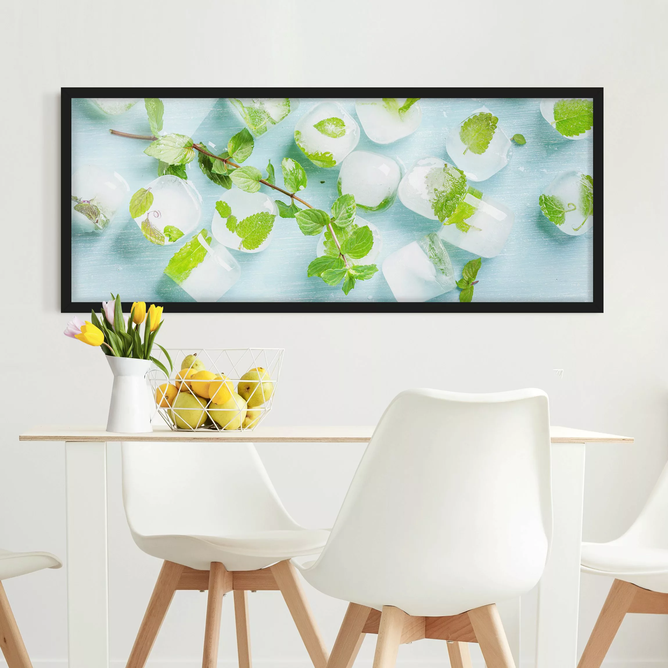 Bild mit Rahmen Küche - Panorama Eiswürfel mit Minzblättern günstig online kaufen