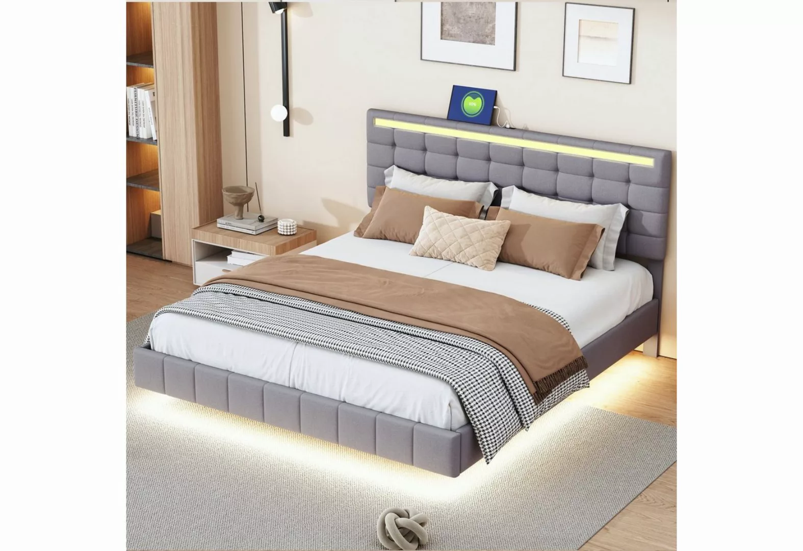 Flieks Polsterbett, LED-Beleuchtung Doppelbett Schwebebettrahmen 160x200cm günstig online kaufen