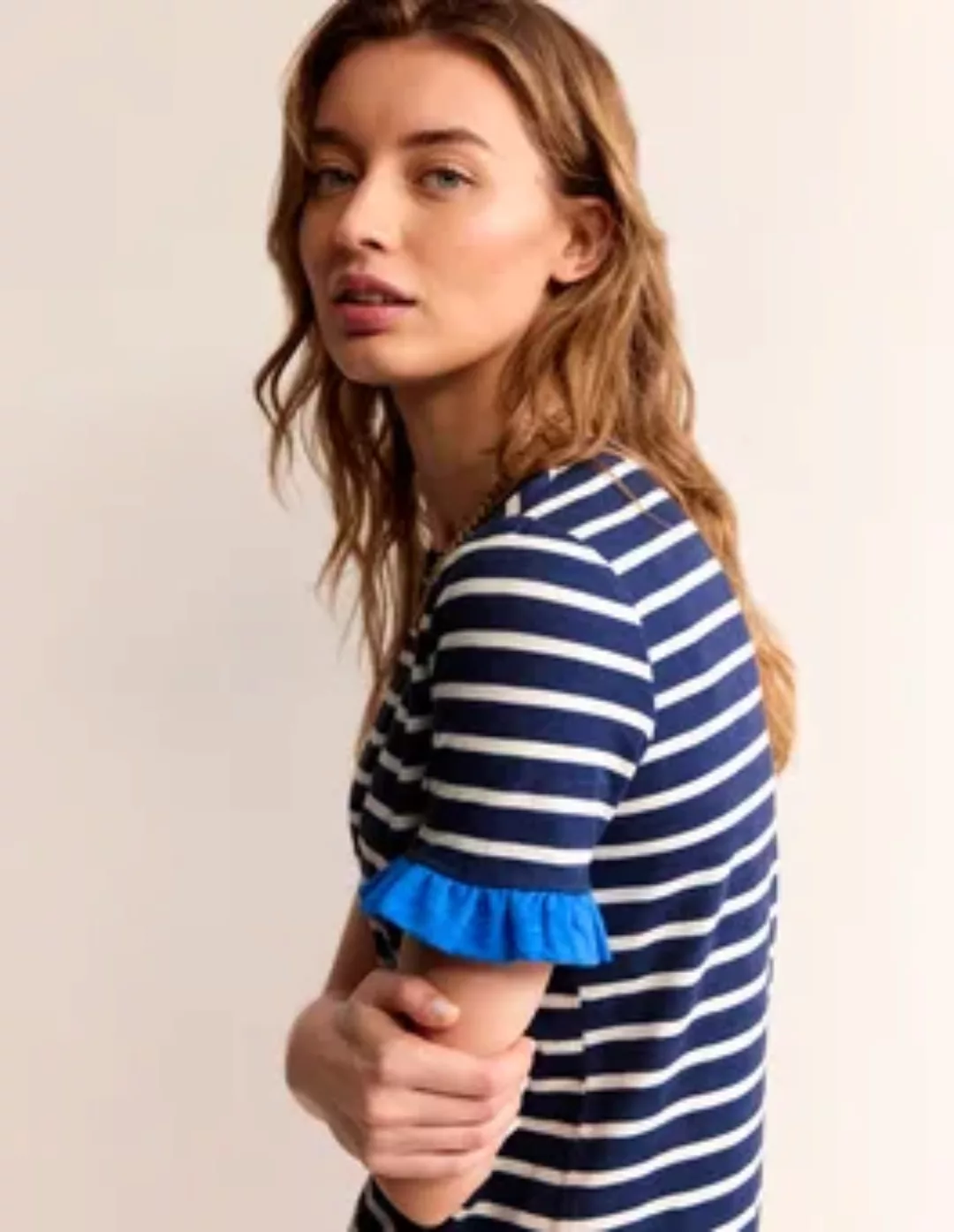 Emily Baumwollkleid mit Rüschen Damen Boden, Marineblau, Naturweiß Streifen günstig online kaufen