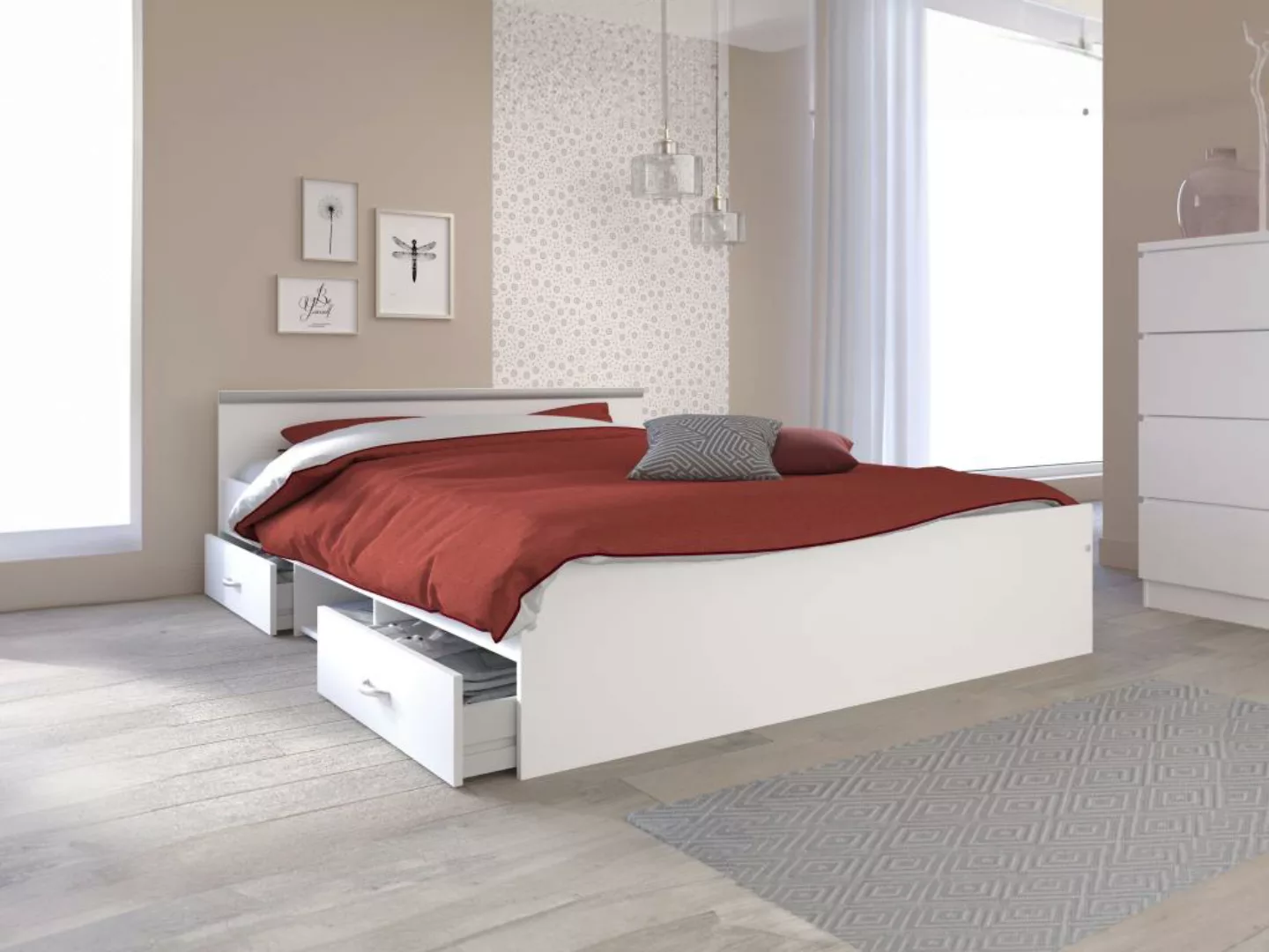 Bett mit 2 Schubladen & 1 Ablage + Lattenrost - 140 x 190 cm - Weiß - PABLO günstig online kaufen
