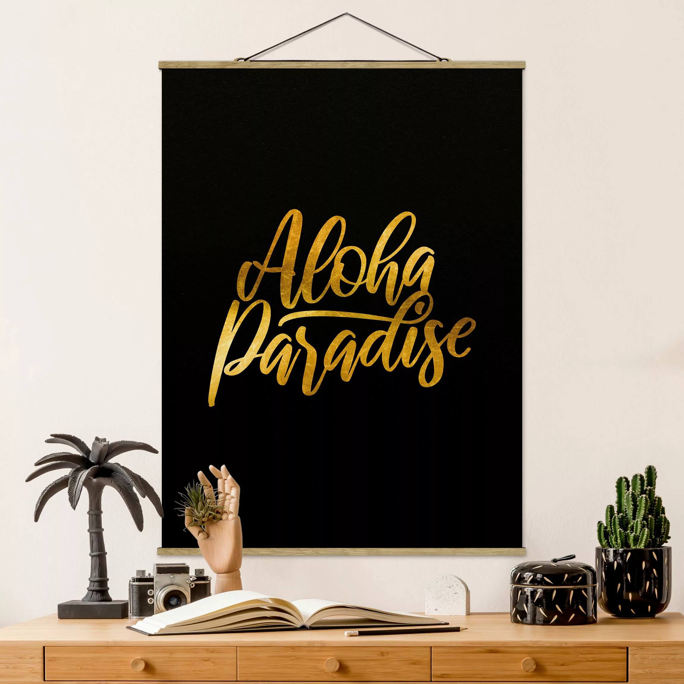 Stoffbild Spruch mit Posterleisten - Hochformat Gold - Aloha Paradise auf S günstig online kaufen