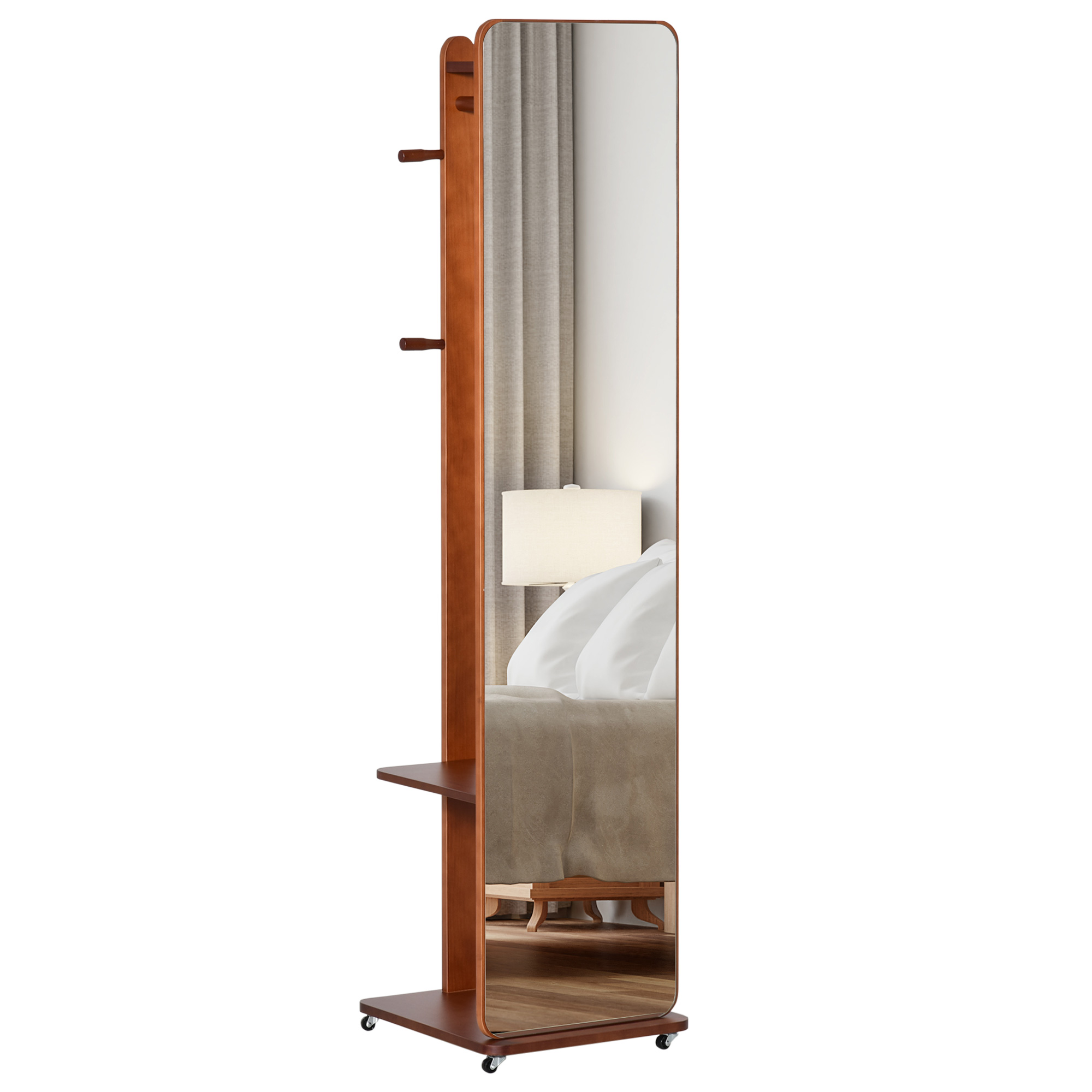 HOMCOM Standspiegel mit Rollen - Kleiderstange, 4 Haken, Regal MDF Nussbaum günstig online kaufen