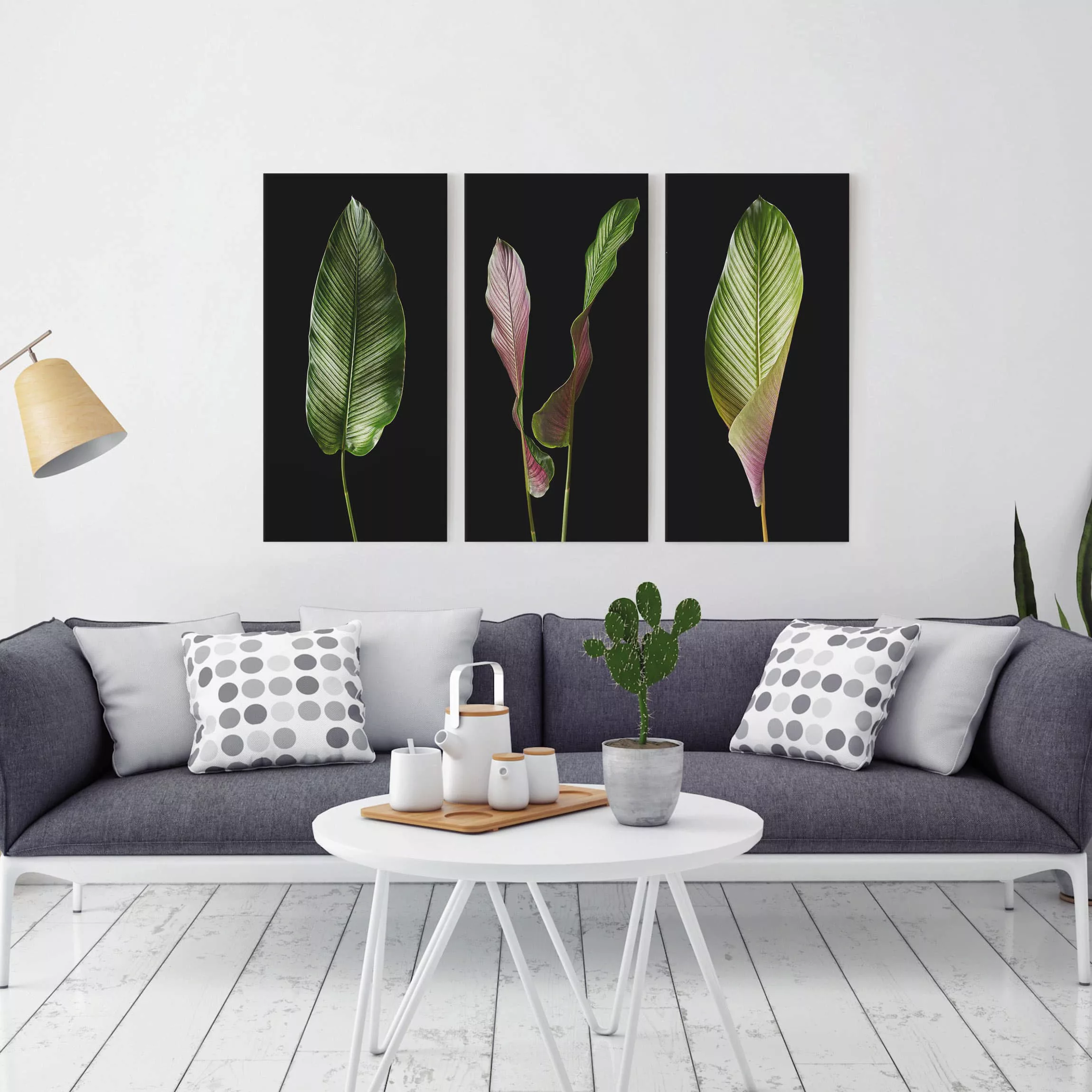 3-teiliges Leinwandbild Botanik - Hochformat Große Blätter Calathea-ornata günstig online kaufen