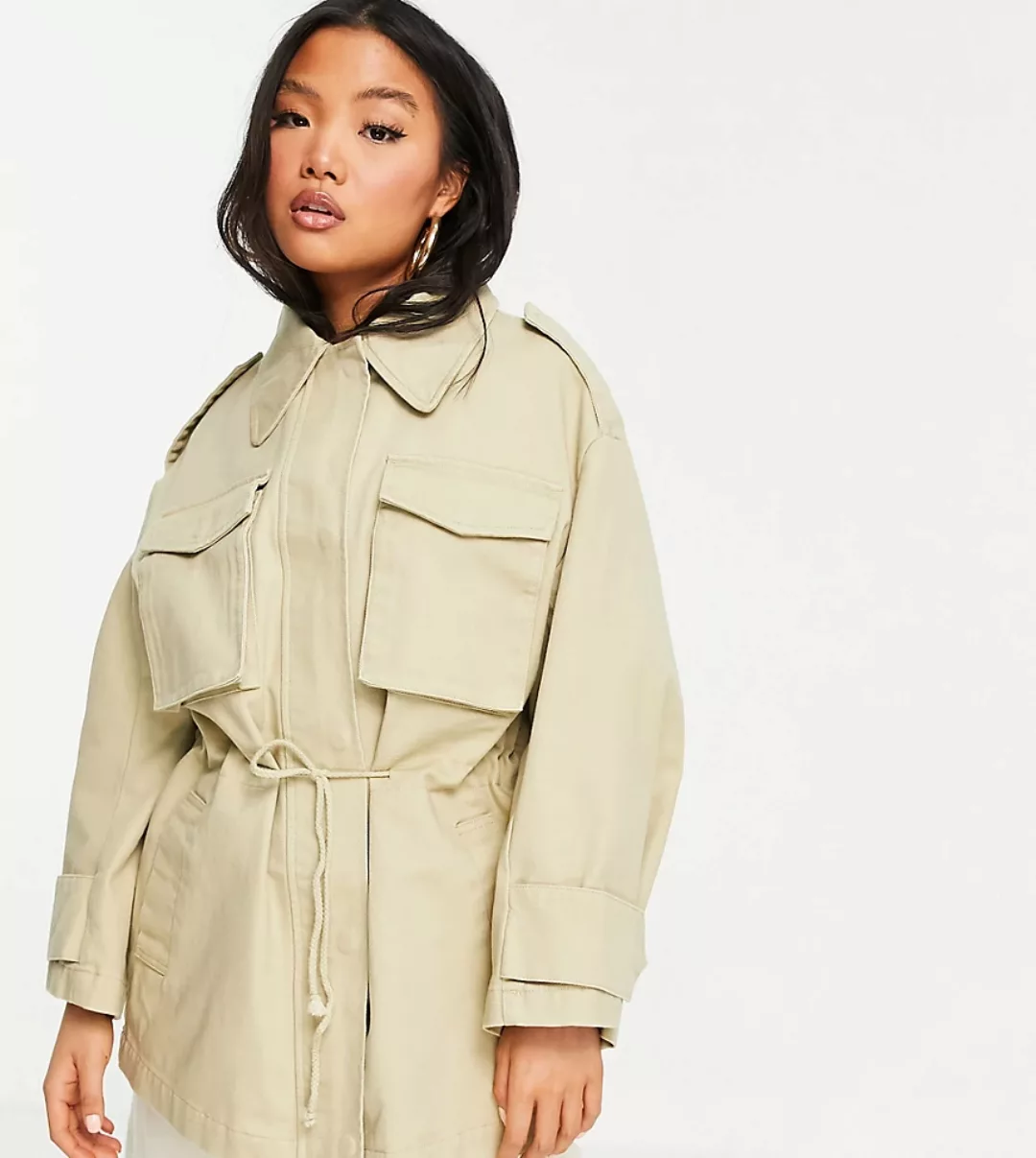 ASOS DESIGN Petite – Oversize-Jacke mit Taschendetail in Stein-Weiß günstig online kaufen
